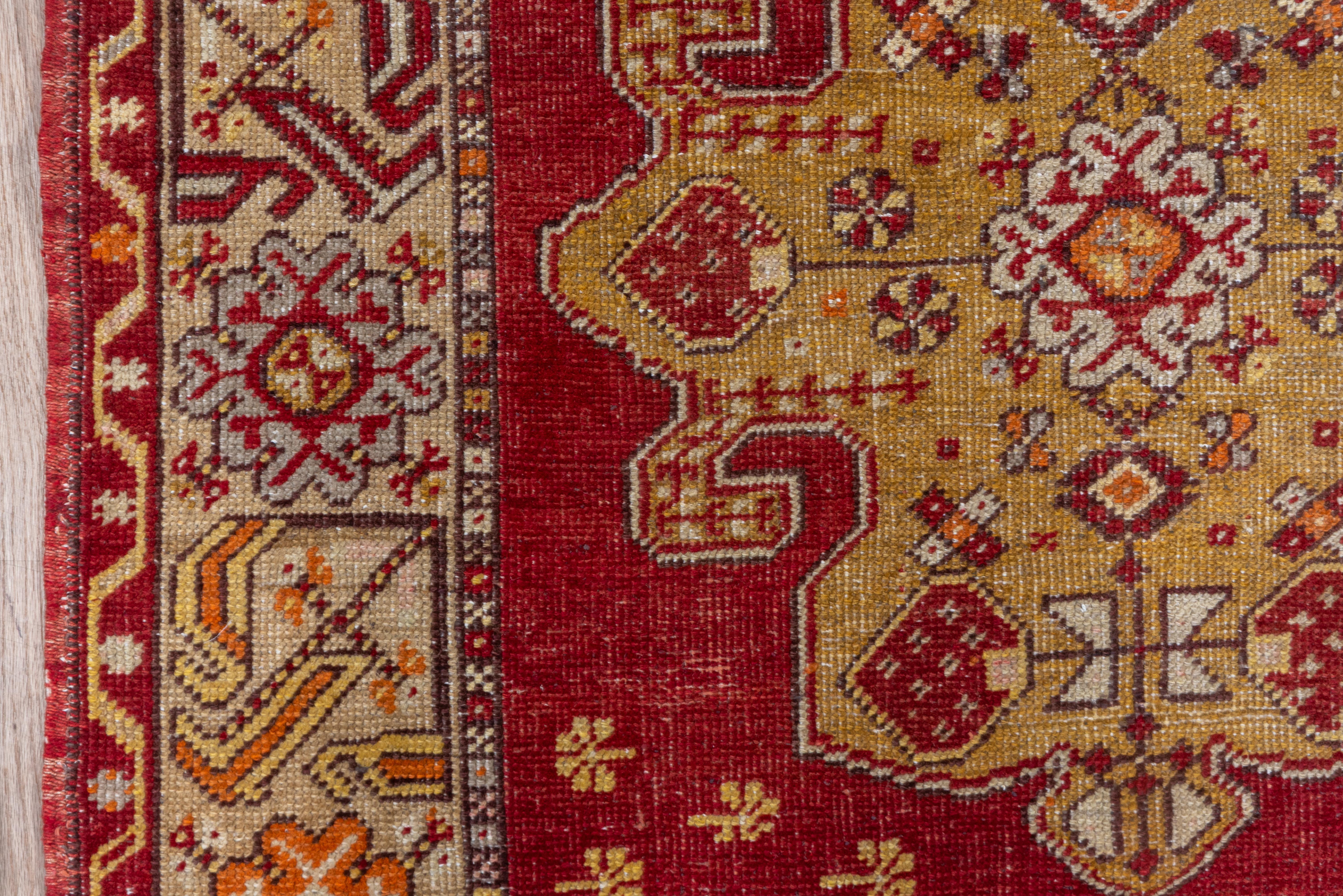 Bright Colored Antique Turkish Oushak Scatter Rug, Red & Yellow Tones For Sale 1