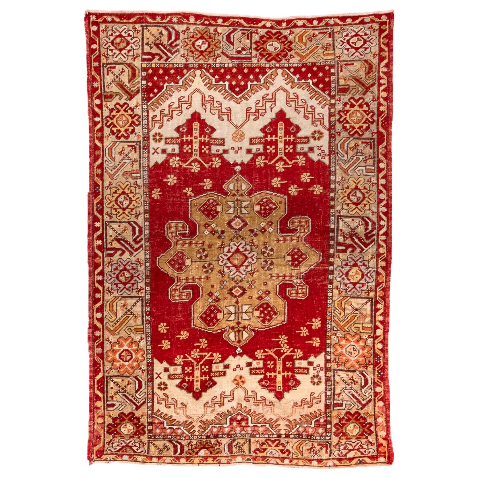 Bright Colored Antique Turkish Oushak Scatter Rug, Red & Yellow Tones For Sale