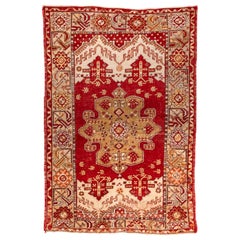 Bright Colored Antique Turkish Oushak Scatter Rug, Red & Yellow Tones