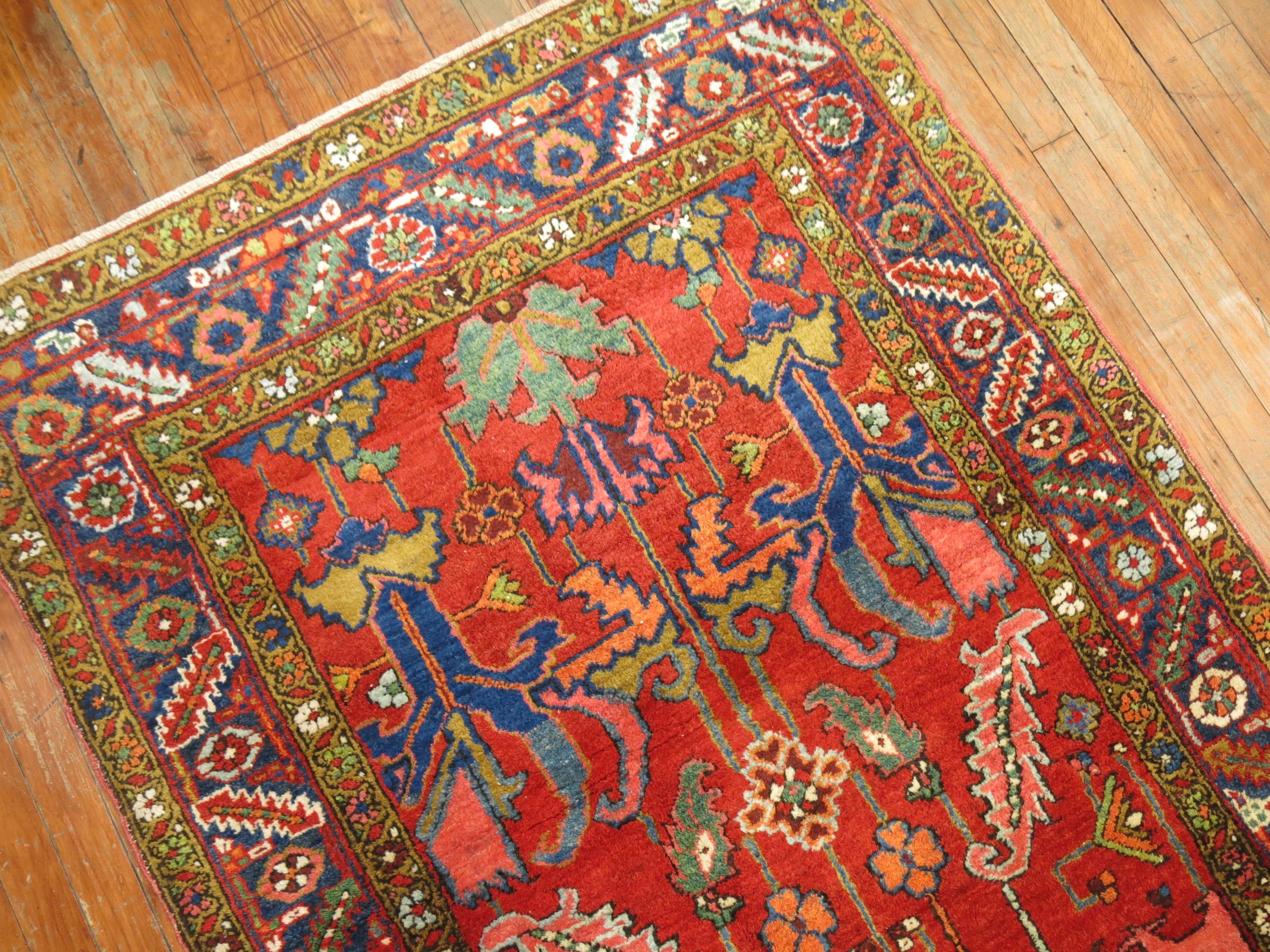 Hand-Woven Bright Colorful 20th Century Traditional Wool Persian Heriz Wide Runner For Sale
