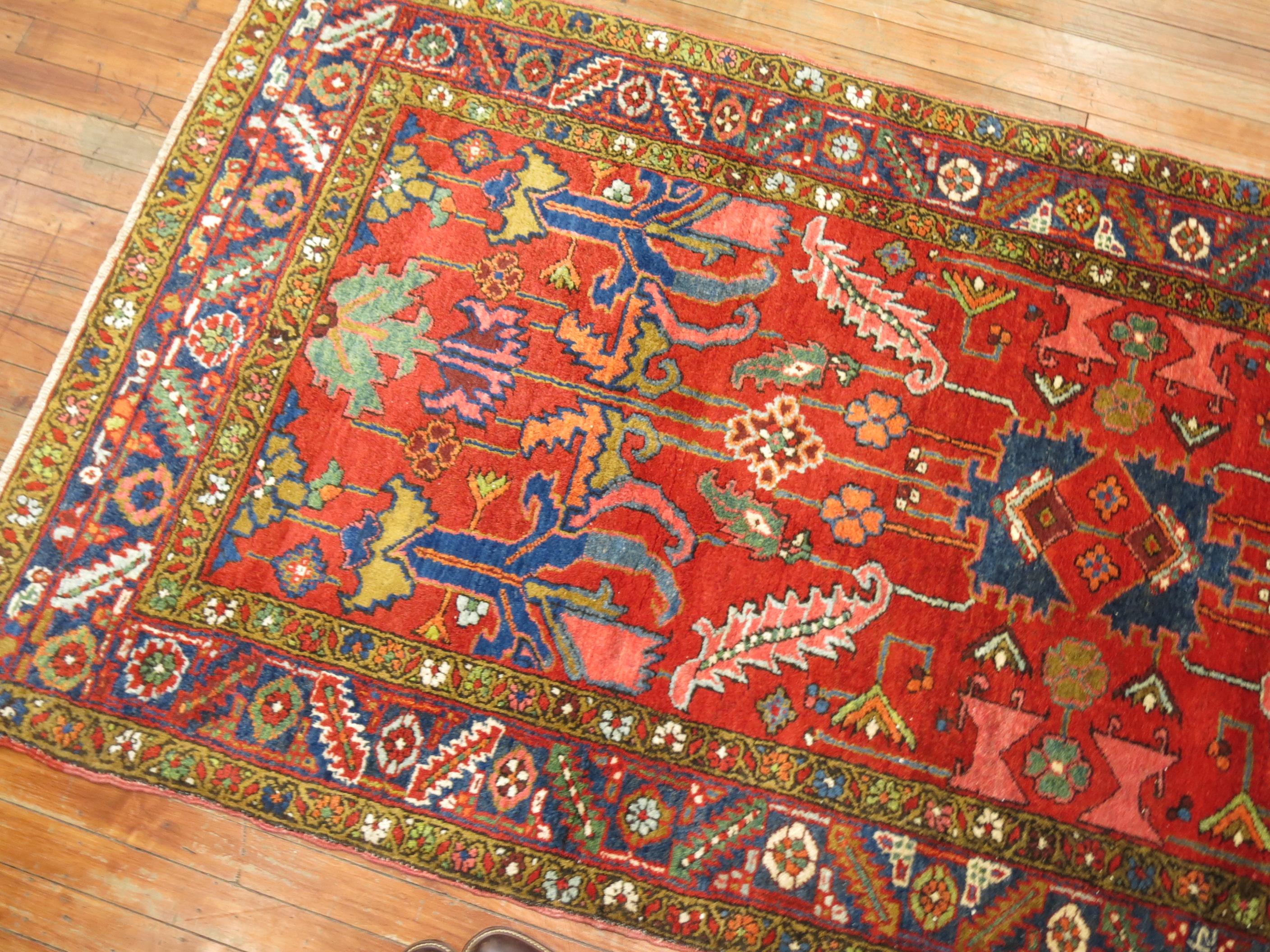 Bright Colorful 20th Century Traditional Wool Persian Heriz Wide Runner In Good Condition For Sale In New York, NY