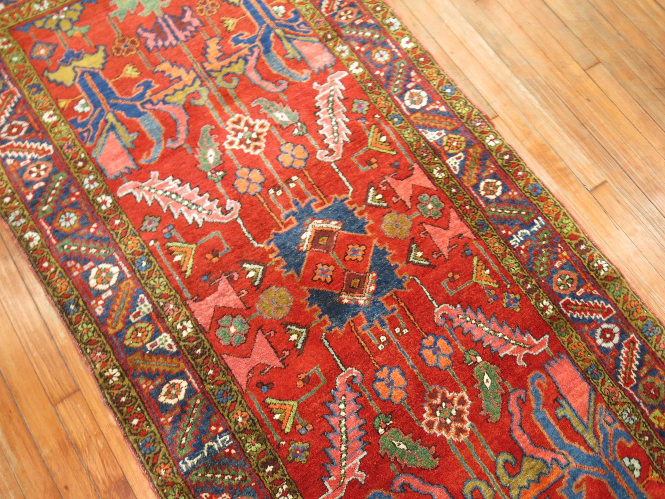 Bright Colorful 20th Century Traditional Wool Persian Heriz Wide Runner For Sale 2