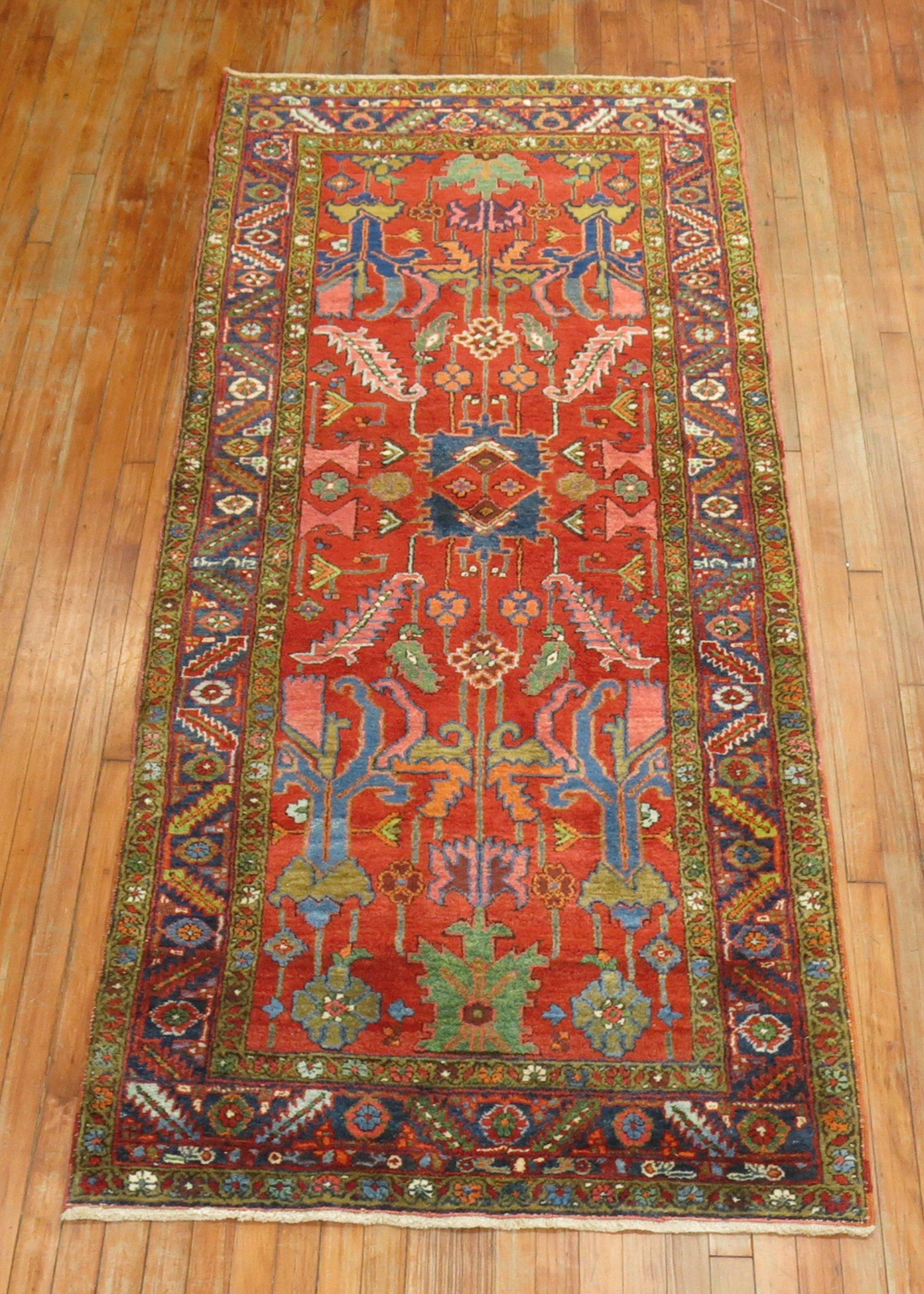 Bright Colorful 20th Century Traditional Wool Persian Heriz Wide Runner For Sale 3
