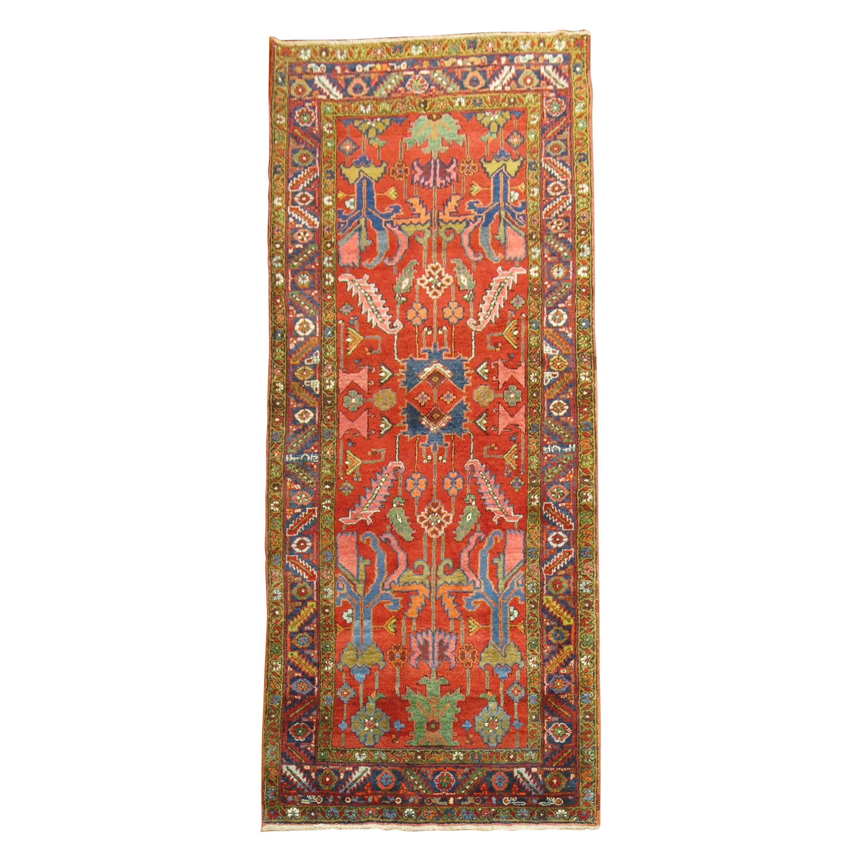 Bright Colorful 20th Century Traditional Wool Persian Heriz Wide Runner For Sale