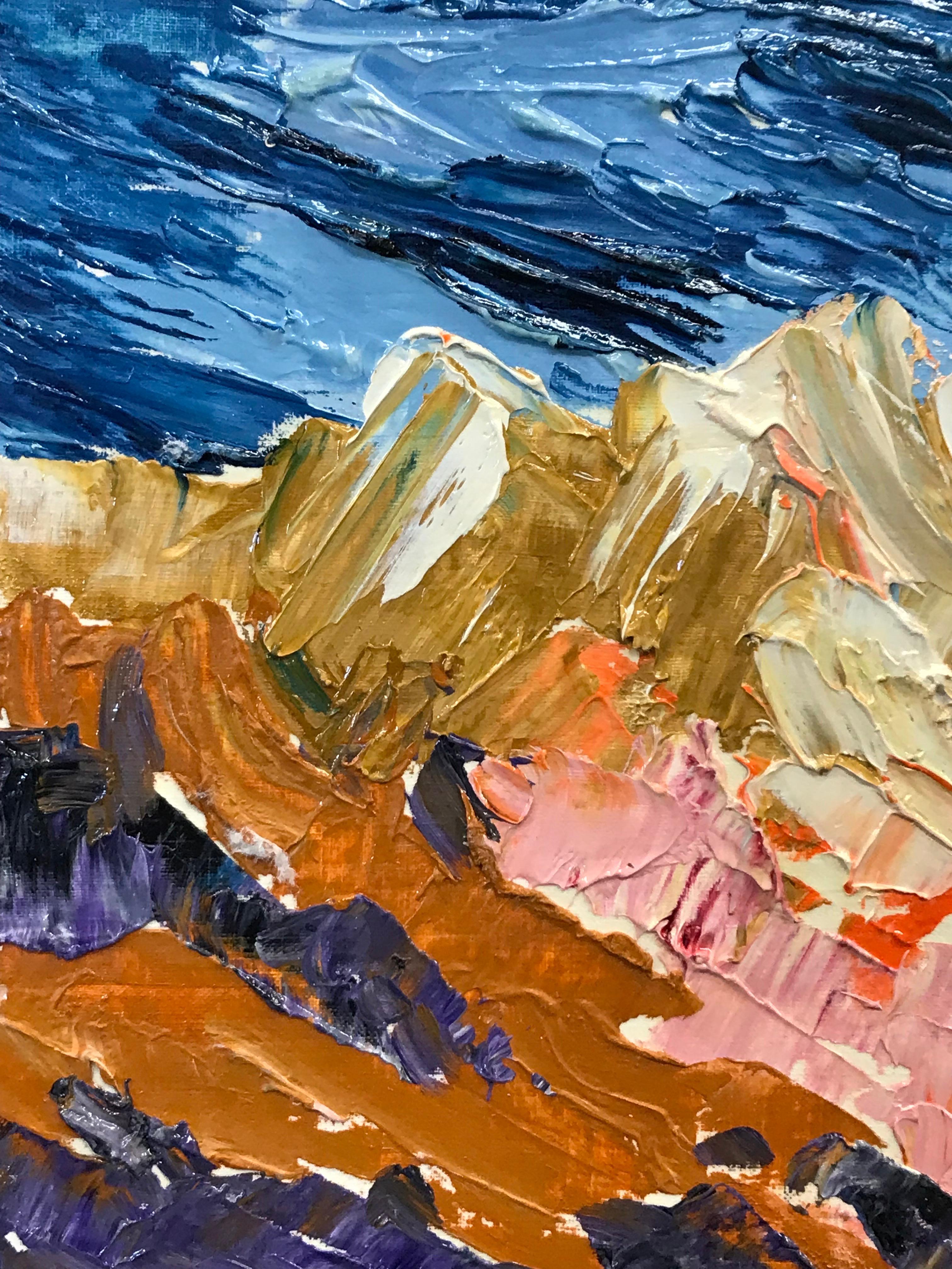 Tela Pittura ad olio impressionista francese luminosa e colorata - Cielo blu sopra le montagne in vendita