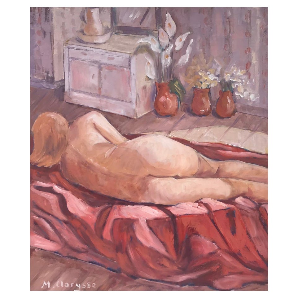 Leuchtend und farbenfrohes französisches impressionistisches Ölgemälde, nackte Dame in rosa Innenseite im Angebot