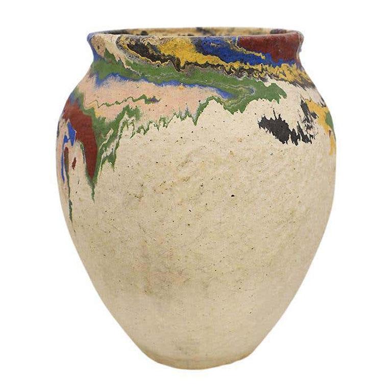 Bright Colorful Ozark Roadside Ceramic Hand-Painted Drip Pottery Vase, 1930s In Good Condition In Oklahoma City, OK