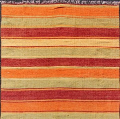 Vintage Turkish Kilim Rug in Red, Orange, Gold, and Sage Green Striped Pattern
