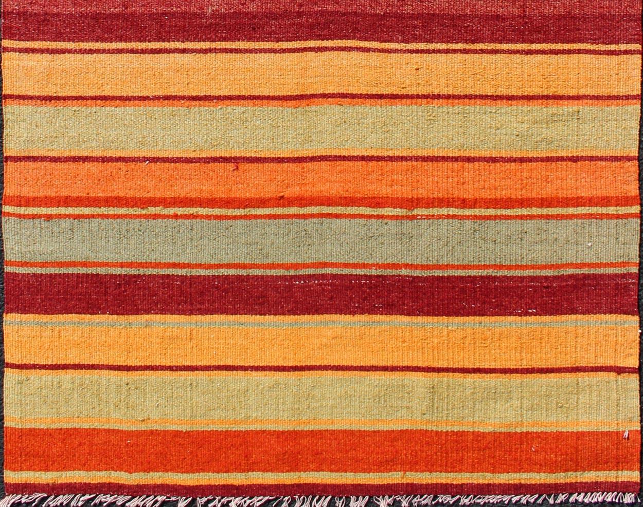 Hand-Woven Bright & Colorful Vintage Turkish Kilim in Red, Green, Yellow, and Orange For Sale