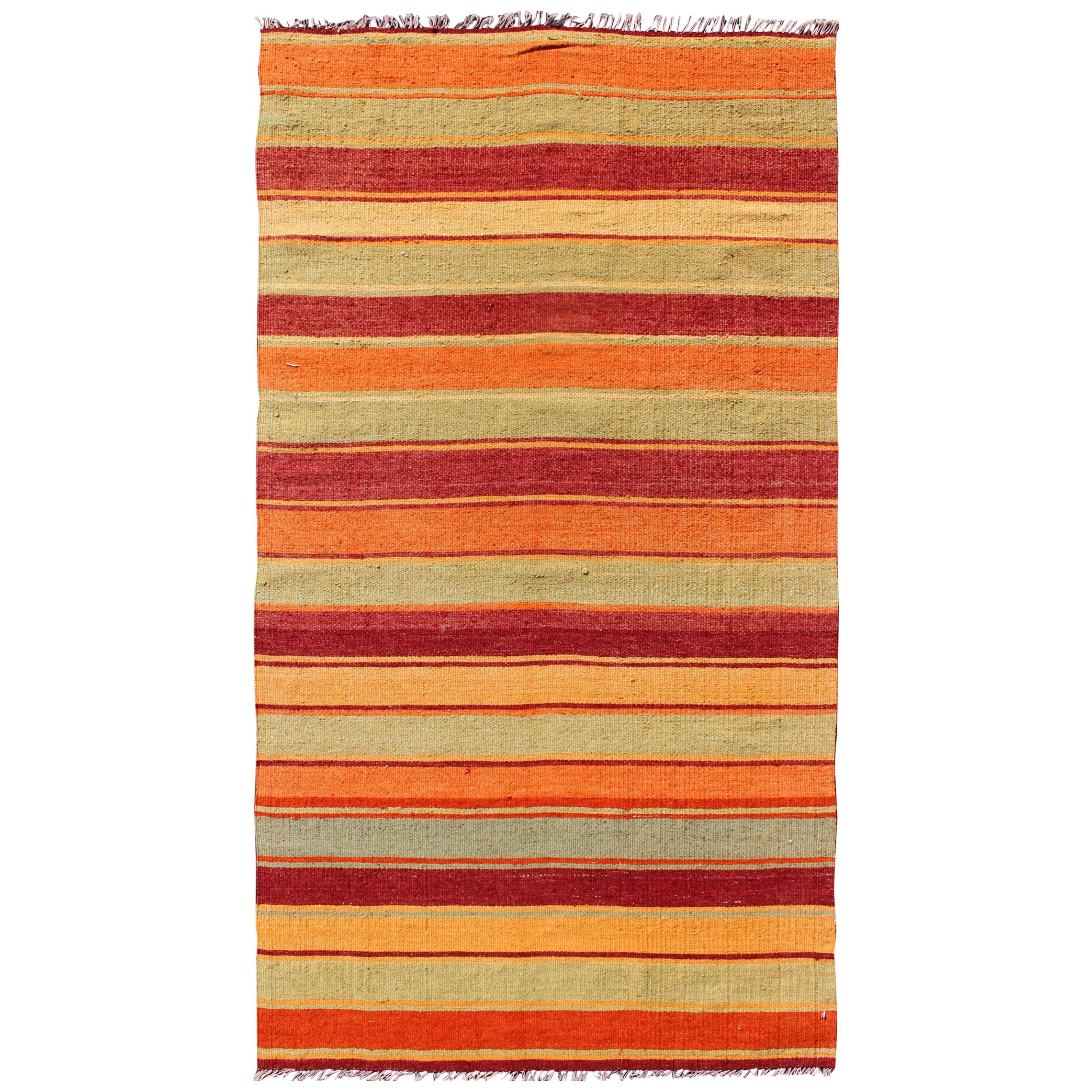 Bright & Colorful Vintage Turkish Kilim in Red, Green, Yellow, and Orange For Sale