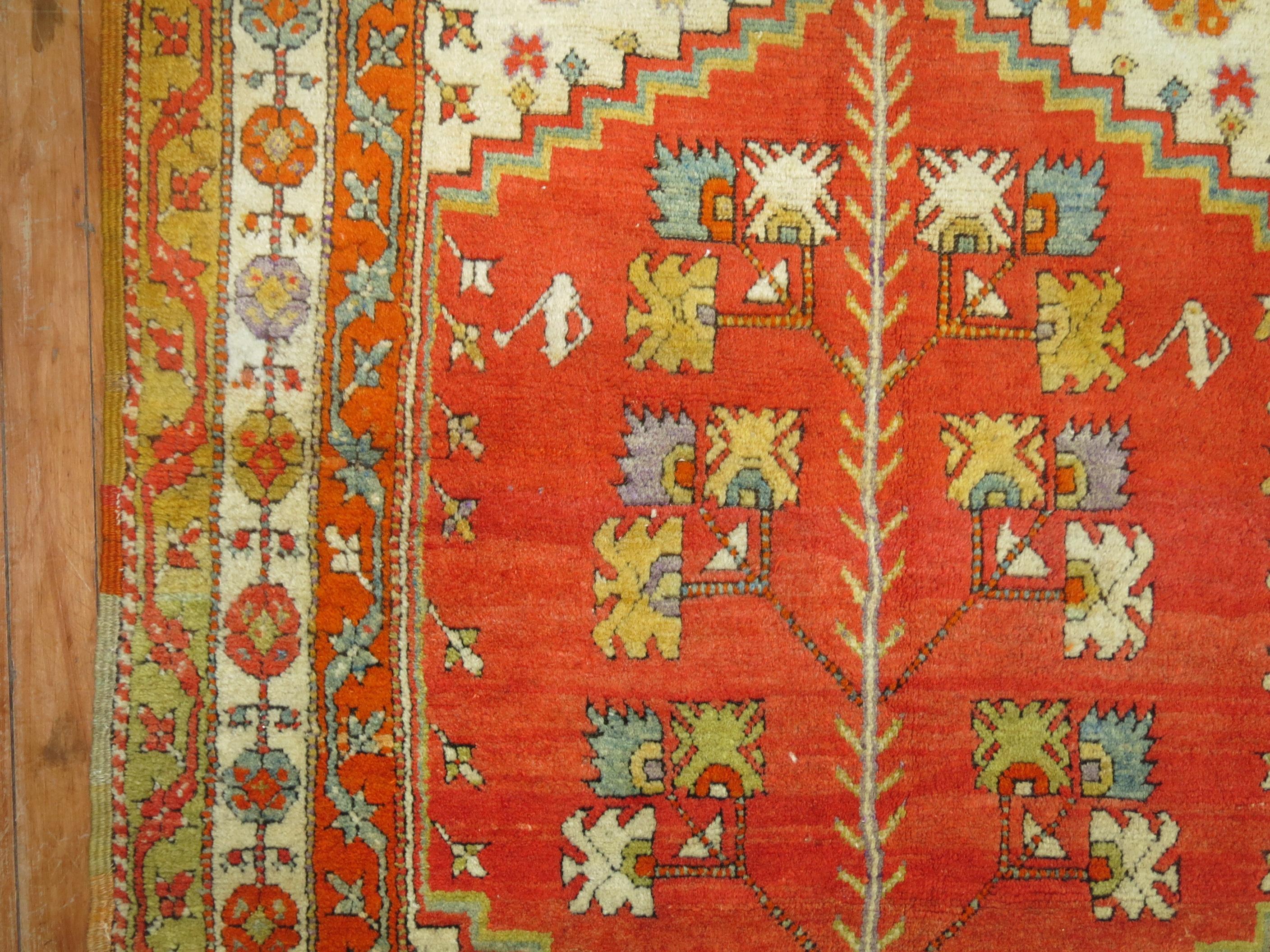 Turkish Bright Coral Antique Anatolian Rug, 20th Century For Sale