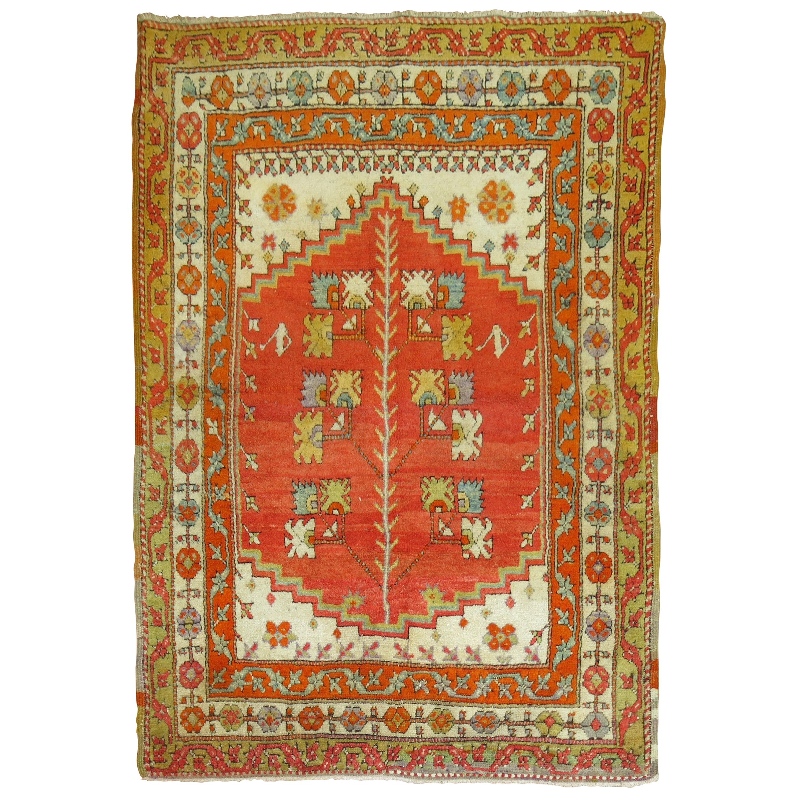 Bright Coral Antique Anatolian Rug, 20th Century For Sale