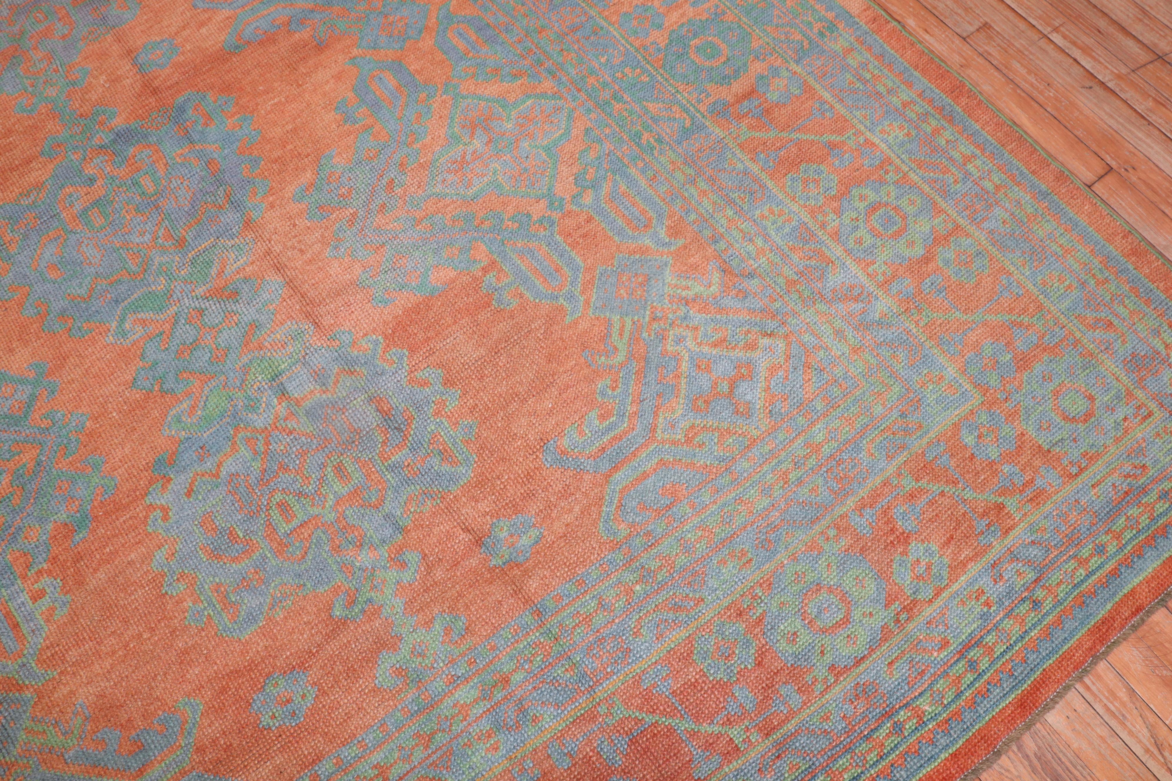 Bright Coral Antique Oushak Rug For Sale 1