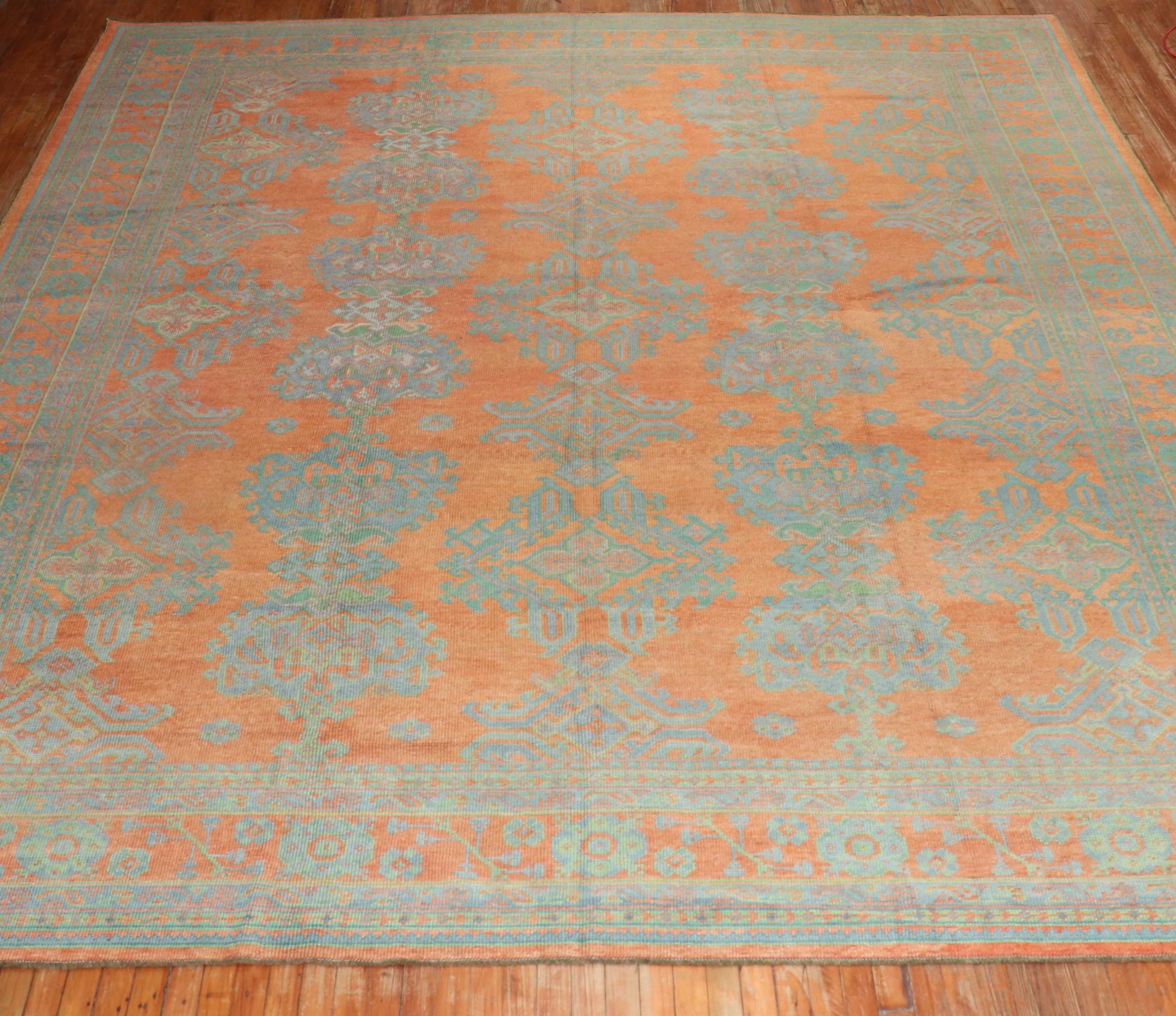 Bright Coral Antique Oushak Rug For Sale 2