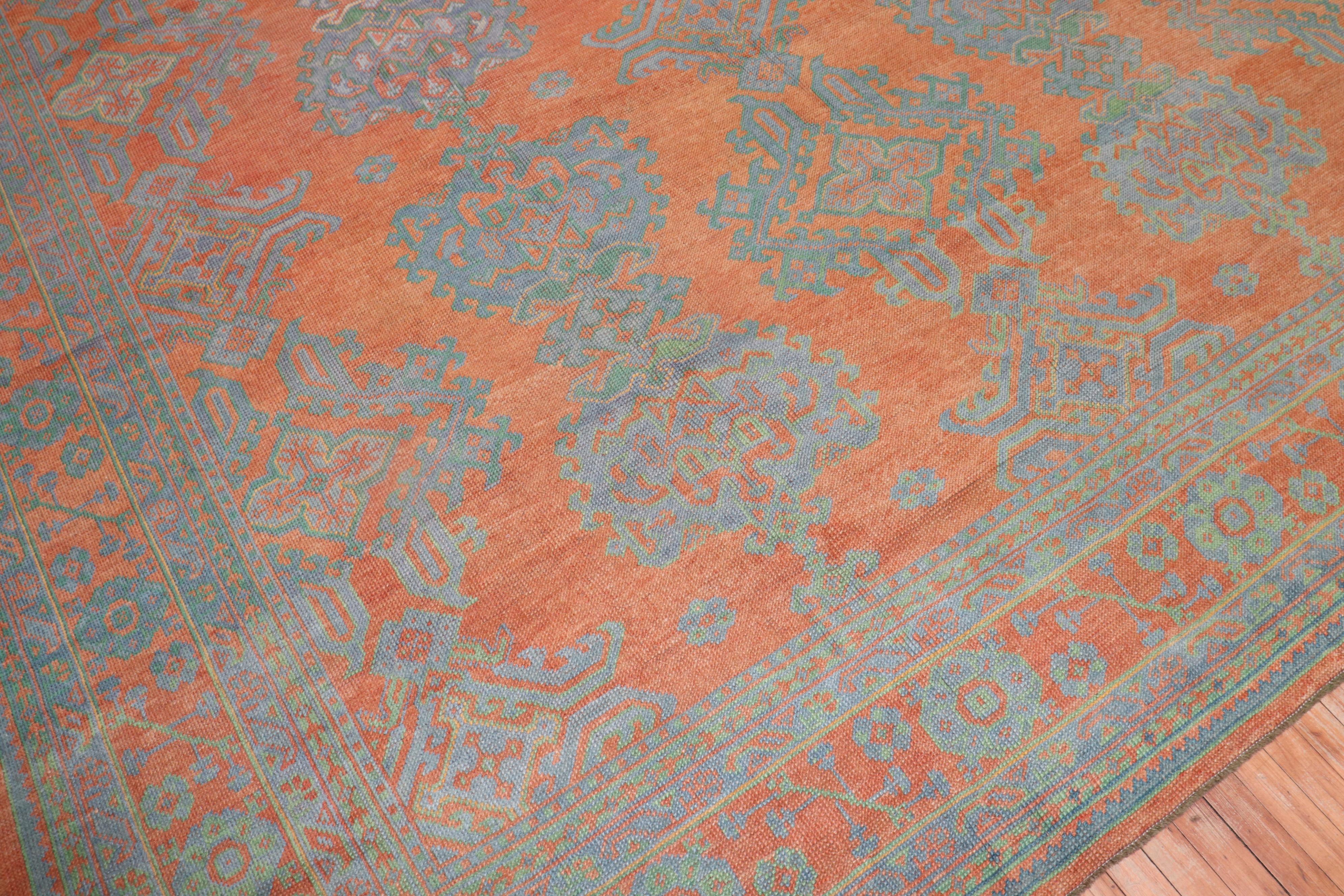 Bright Coral Antique Oushak Rug For Sale 4