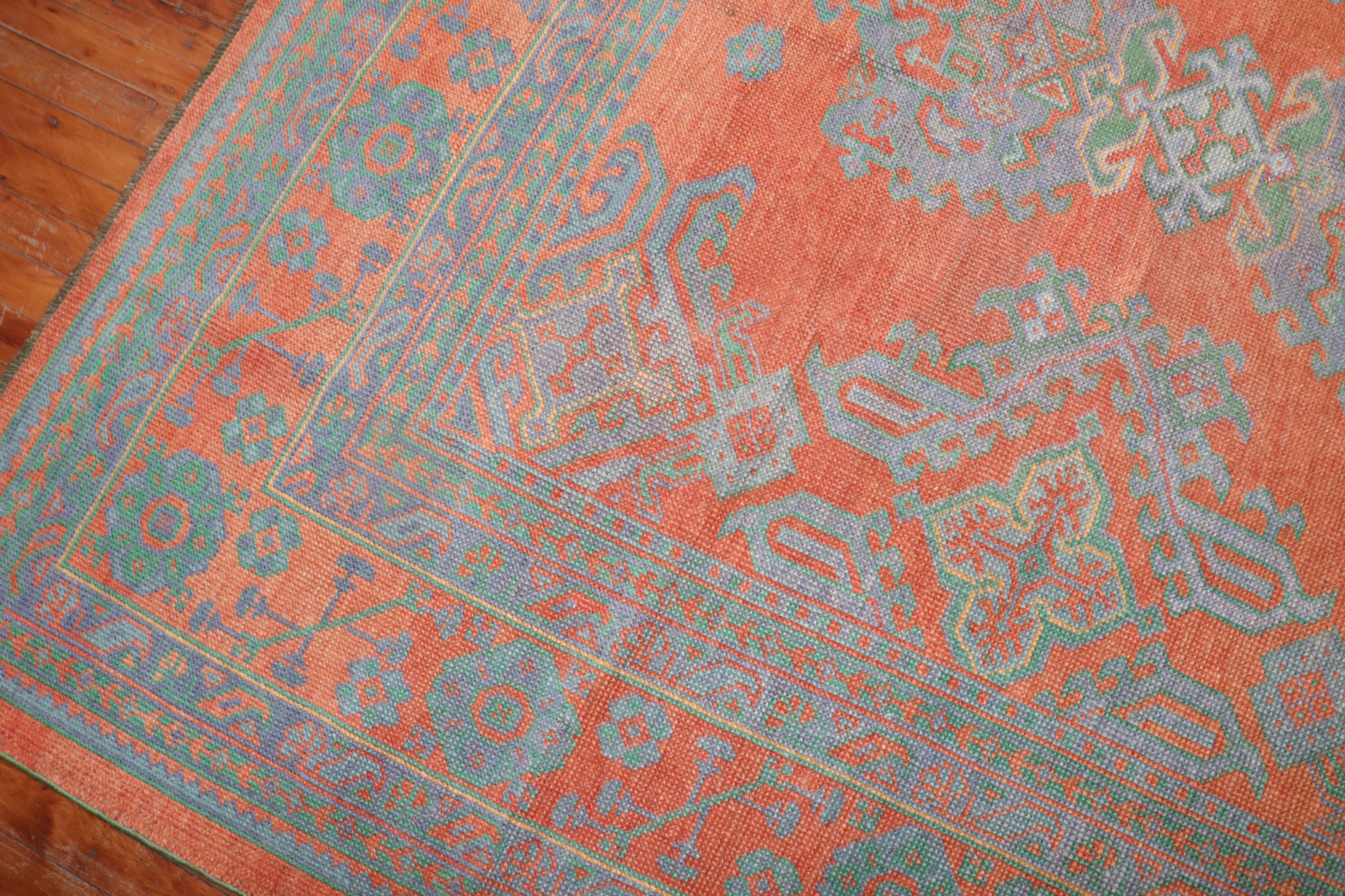 Turkish Bright Coral Antique Oushak Rug For Sale