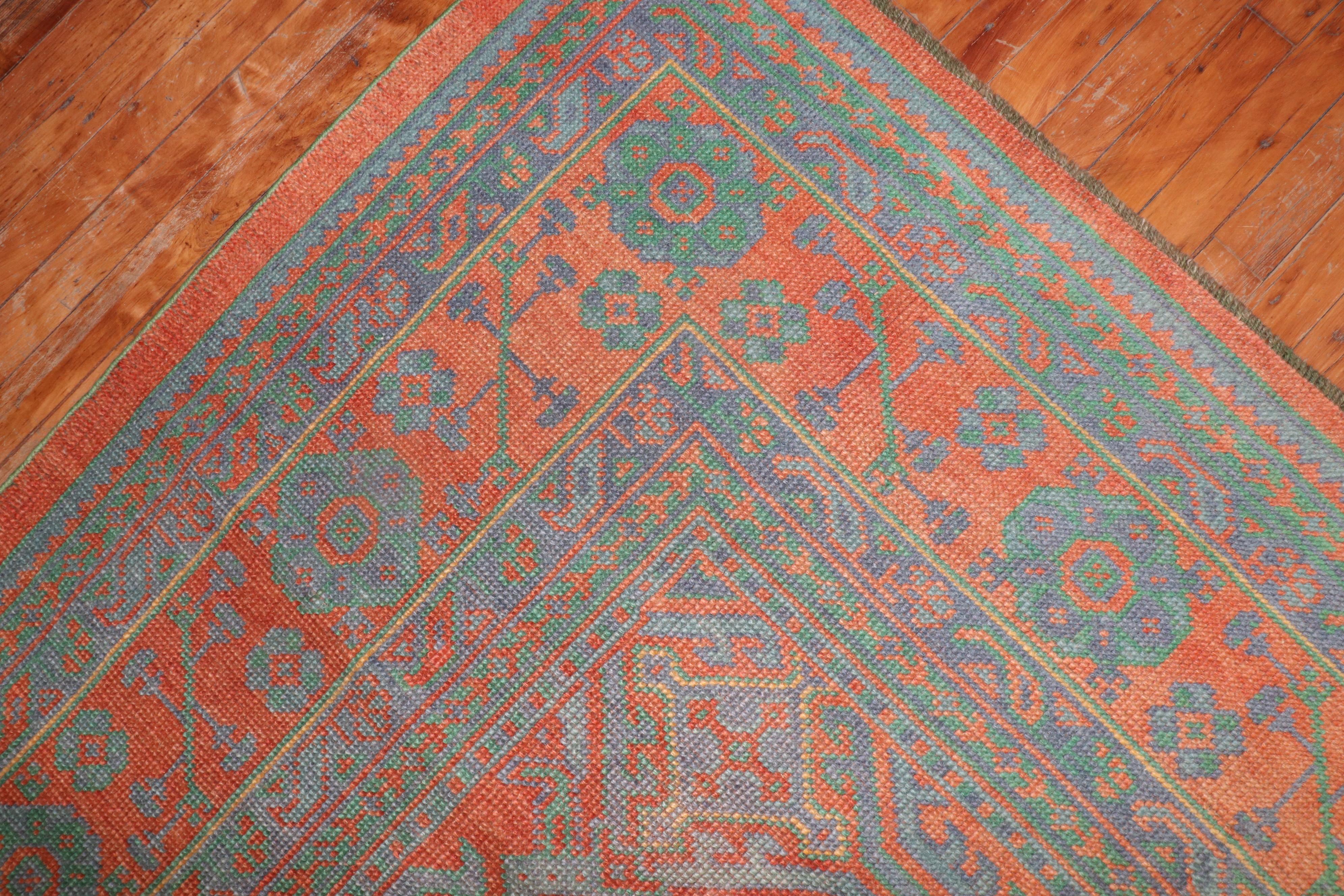 Hand-Knotted Bright Coral Antique Oushak Rug For Sale