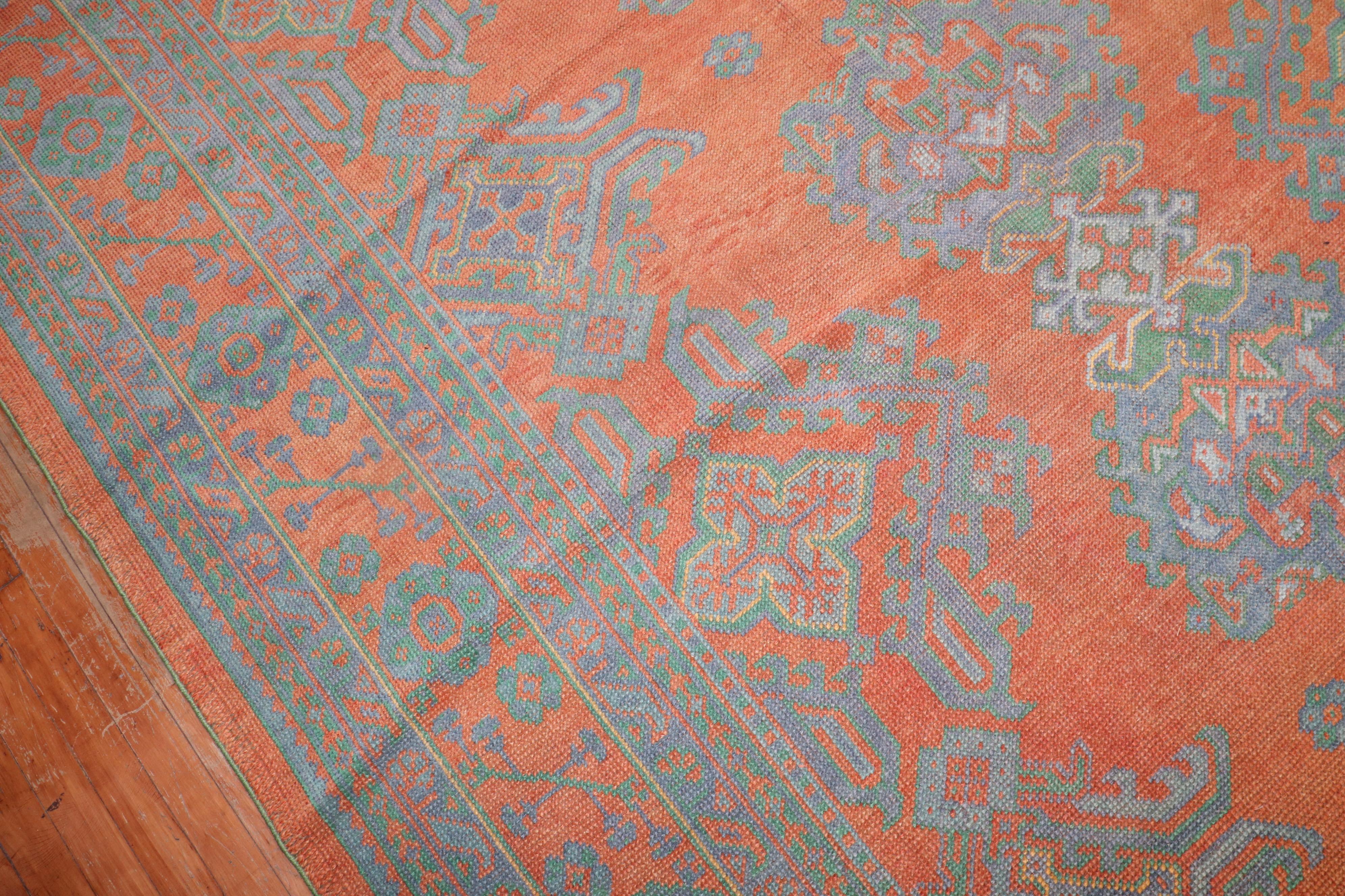 20th Century Bright Coral Antique Oushak Rug For Sale