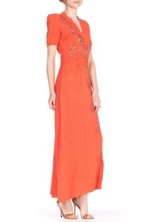 1940S Salmon Pink Rayon Crepe Gown With Micro Sequin Ostrich Plums In Gold