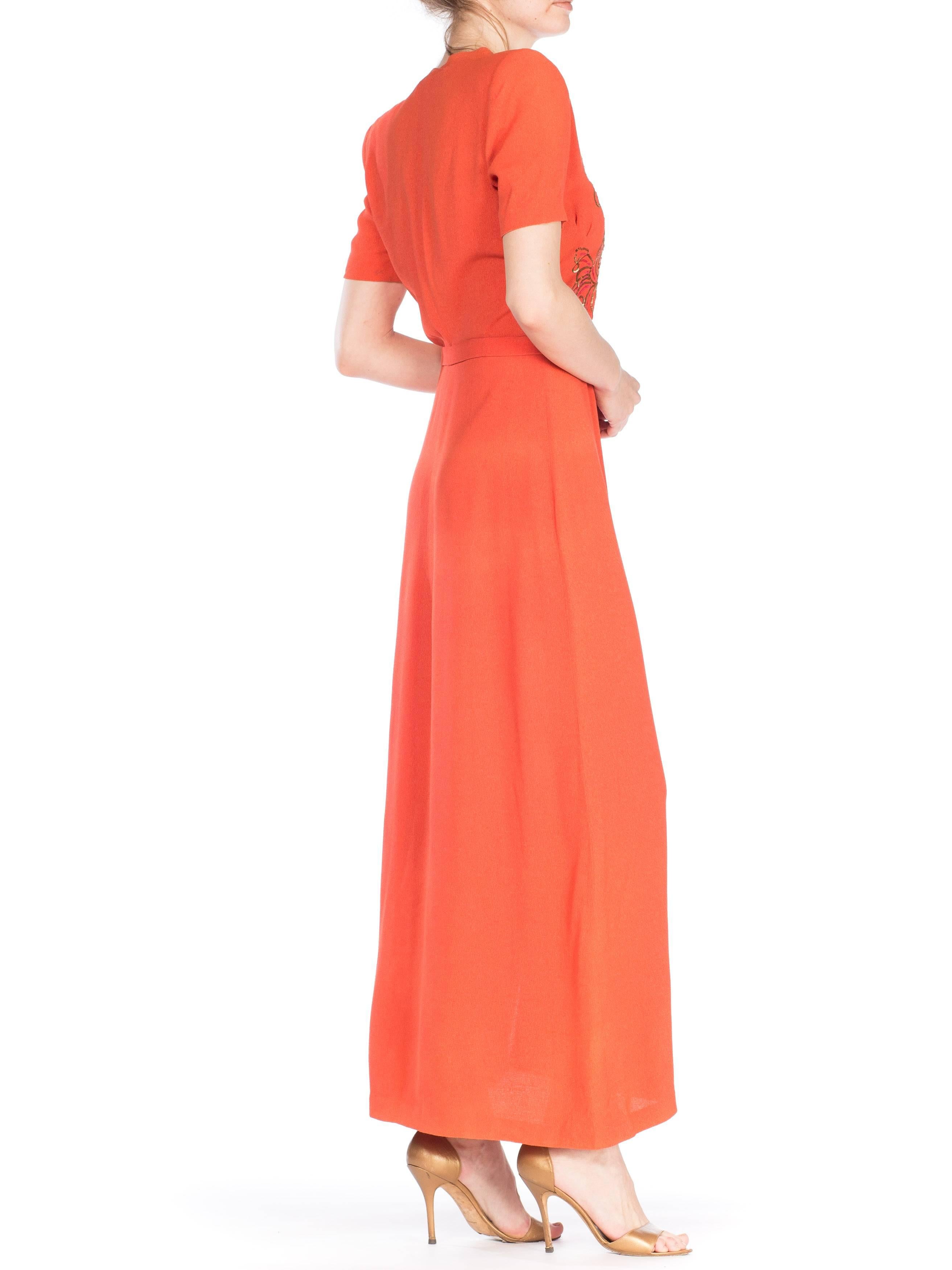 Red 1940S Salmon Pink Rayon Crepe Gown With Micro Sequin Ostrich Plums In Gold For Sale
