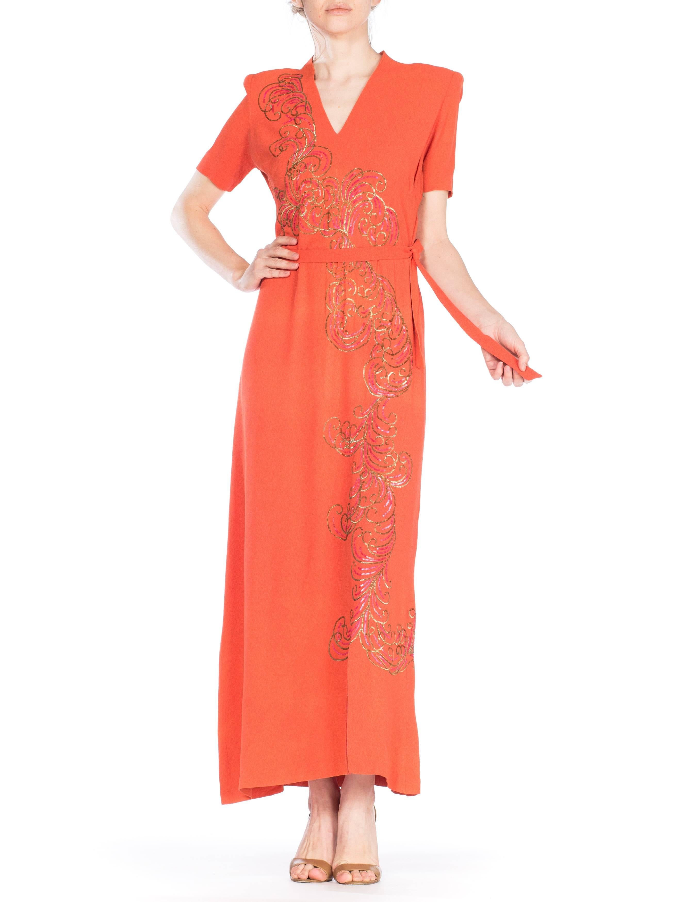 1940S Salmon Pink Rayon Crepe Gown With Micro Sequin Ostrich Plums In Gold For Sale 2
