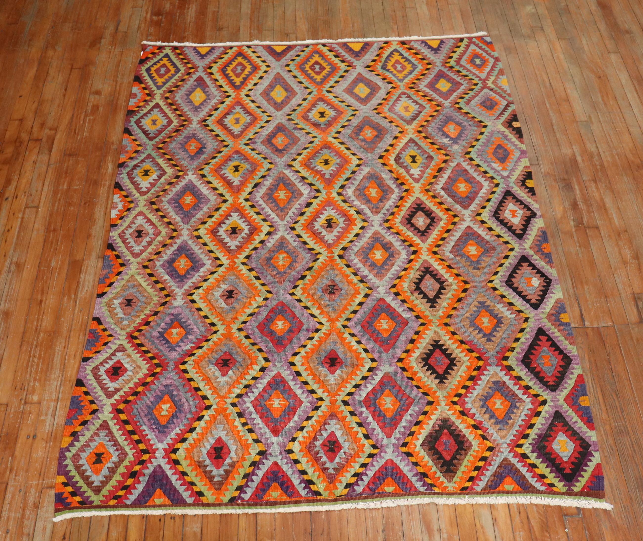 Hand-Knotted Zabihi Collection Bright Dazzling Bohemian Turkish Kilim For Sale