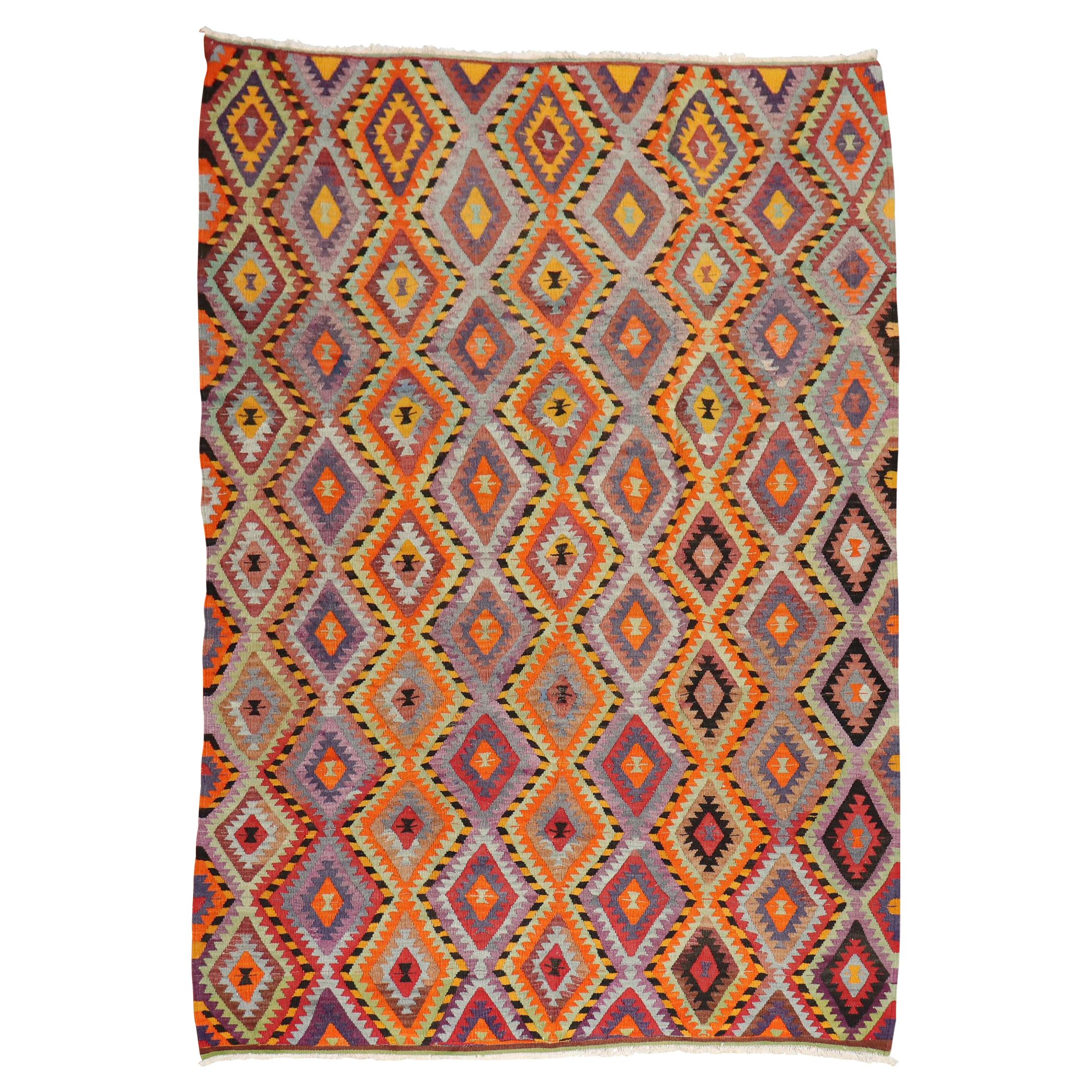 Zabihi Collection Bright Dazzling Bohemian Turkish Kilim For Sale