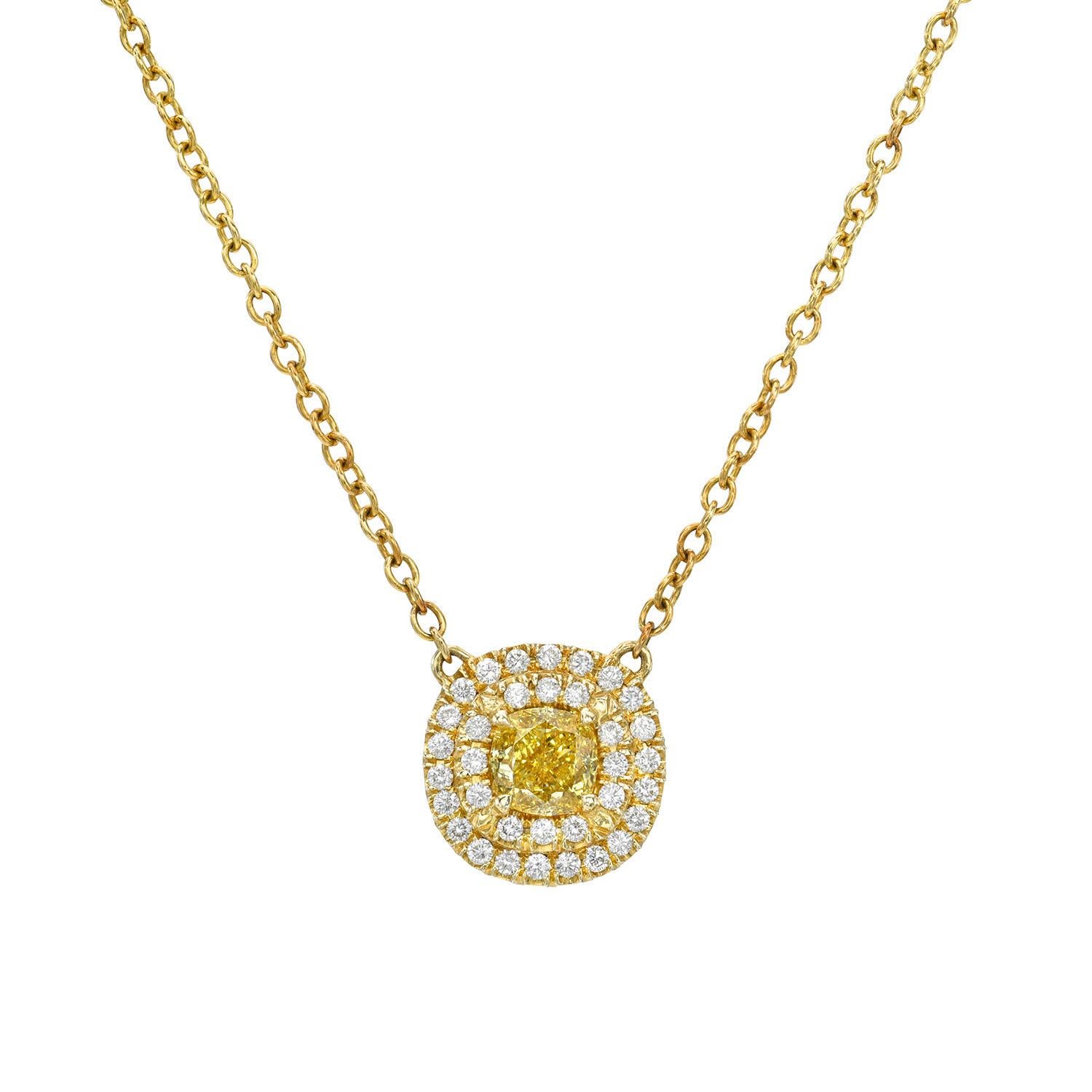 Klassische 18K Gelbgold Fancy Orange-Gelb Diamant-Halskette - Romantisches Geschenk (Kissenschliff) im Angebot