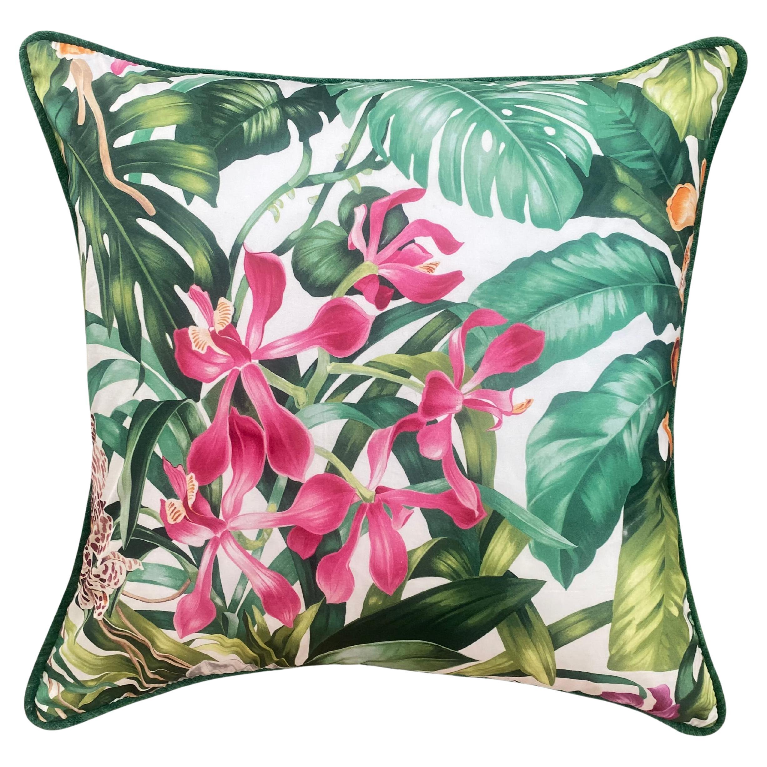  Bright Floral Tropical Print Baumwolle mit grünem Samt Welt und geometrischem Rücken