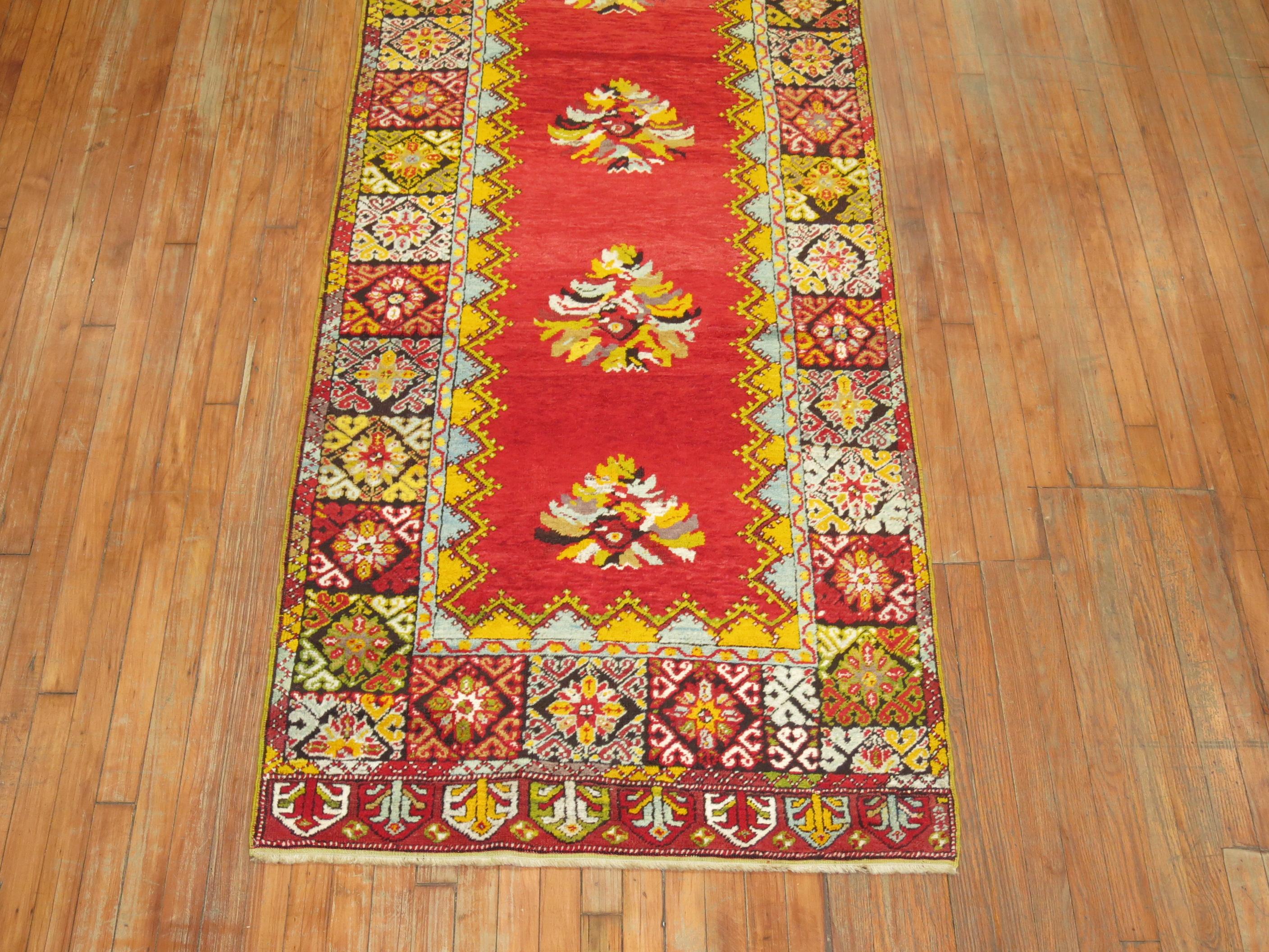 Hand-Woven Bright Floral Turkish Runner For Sale