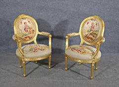 Bright Gilded Gold Leaf Pair Louis XVI Aubusson Fauteuils