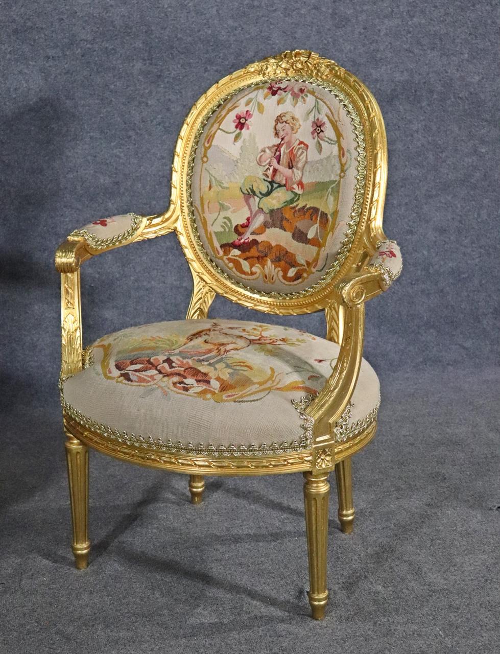 French Bright Gilded Gold Leaf Pair Louis XVI Aubusson Fauteuils