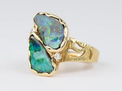 Bright Green and Blue Australian Boulder Opal Ring You and Me 18K Gold R6665, leuchtend grün und blau