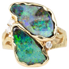 Bright Green and Blue Australian Boulder Opal Ring You and Me 18K Gold R6665