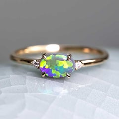 Bright Green Black Opal Diamond Engagement Ring 14K Yellow Gold