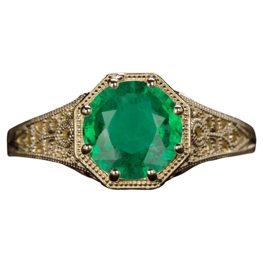Bright Green Emerald Yellow Gold Solitaire Ring For Sale