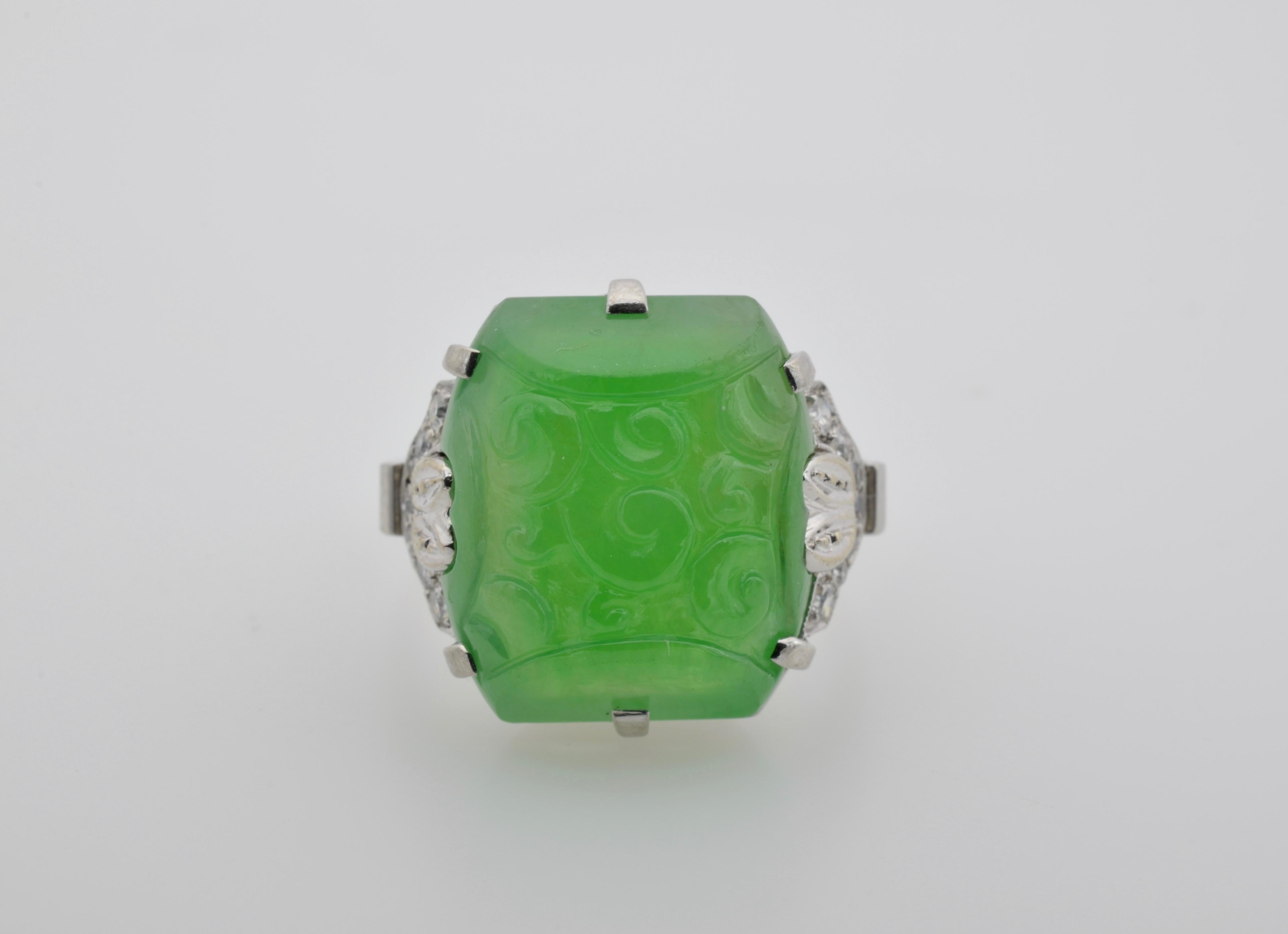 Art Deco GIA Certified Jadeite Green Engraved Diamond Ring Platinum France For Sale
