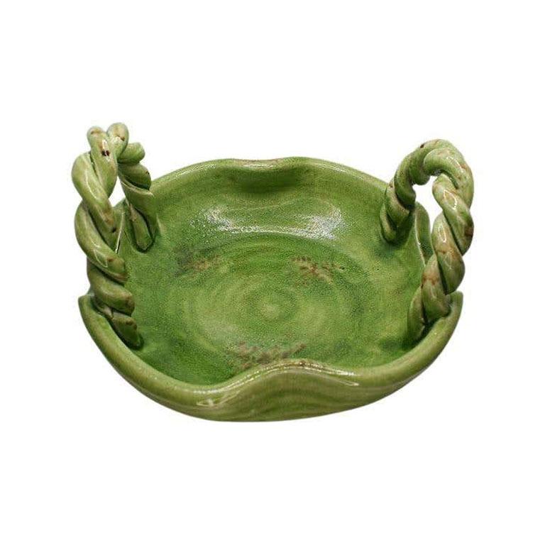 Leuchtend grün glasierte Keramik-Servierschale mit geflochtenen Griffen (amerikanisch) im Angebot