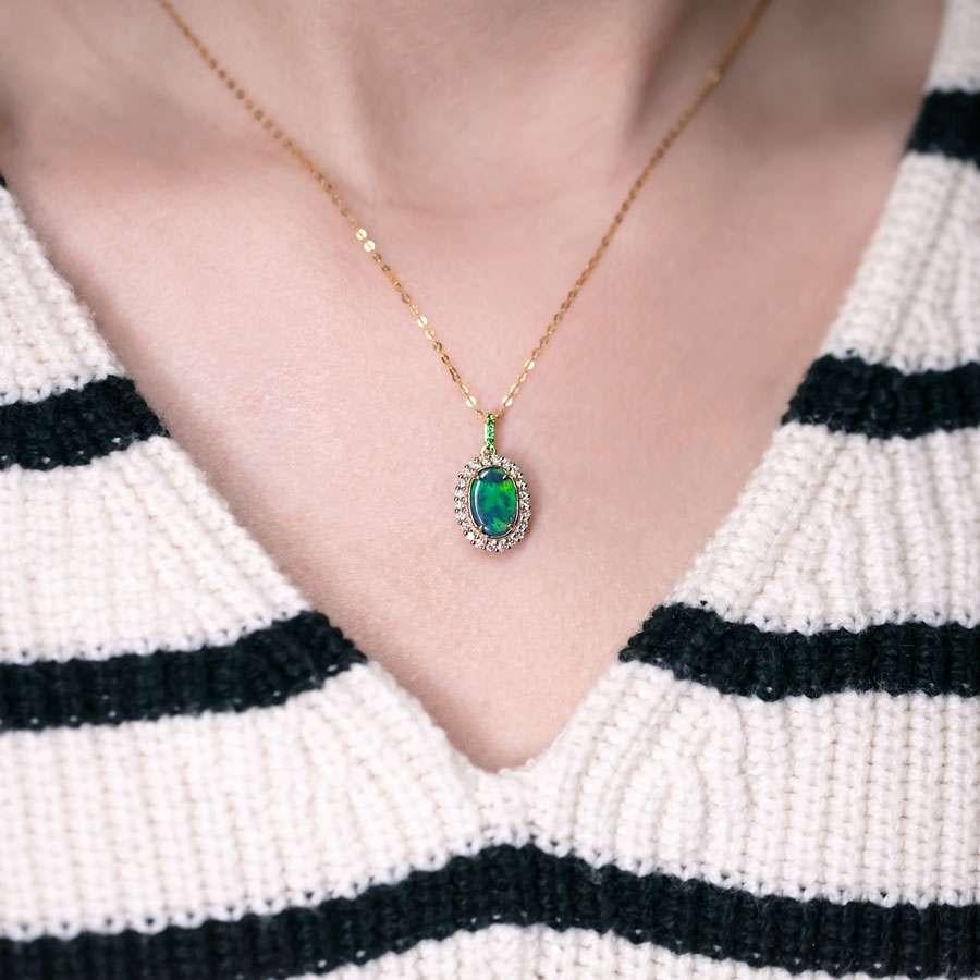 Arts and Crafts Bright Green Halo Diamond Tsavorite Black Opal Necklace 18k Yellow Gold