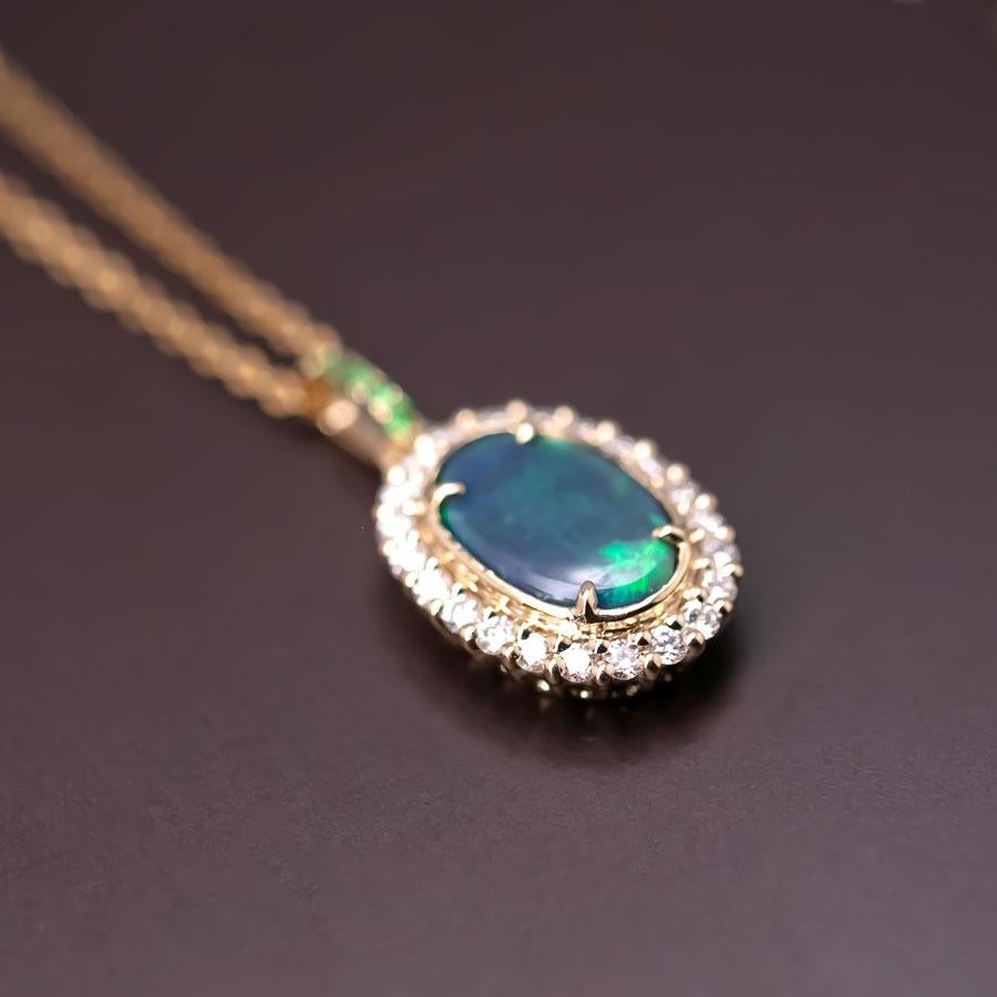 Brilliant Cut Bright Green Halo Diamond Tsavorite Black Opal Necklace 18k Yellow Gold