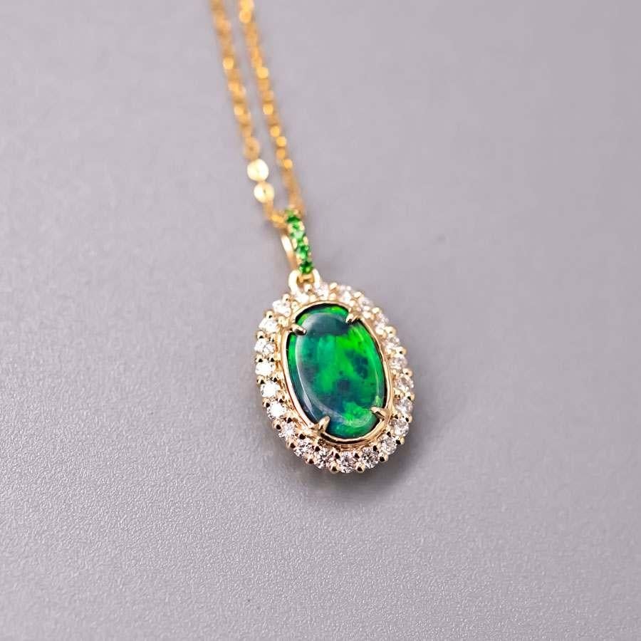 Bright Green Halo Diamond Tsavorite Black Opal Necklace 18k Yellow Gold In New Condition In Suwanee, GA