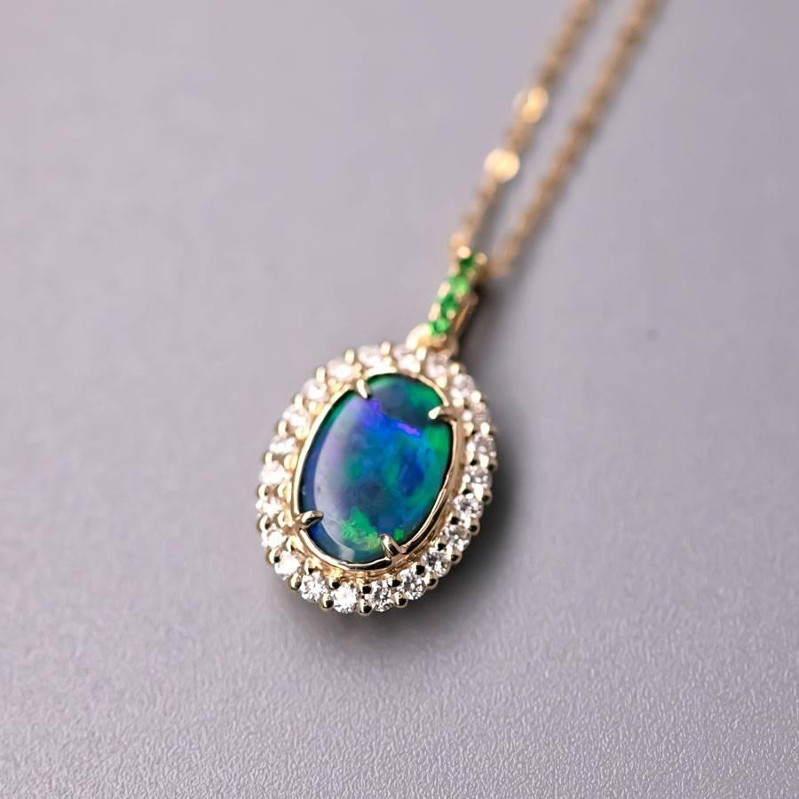 Women's or Men's Bright Green Halo Diamond Tsavorite Black Opal Necklace 18k Yellow Gold