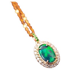 Bright Green Halo Diamond Tsavorite Black Opal Necklace 18k Yellow Gold