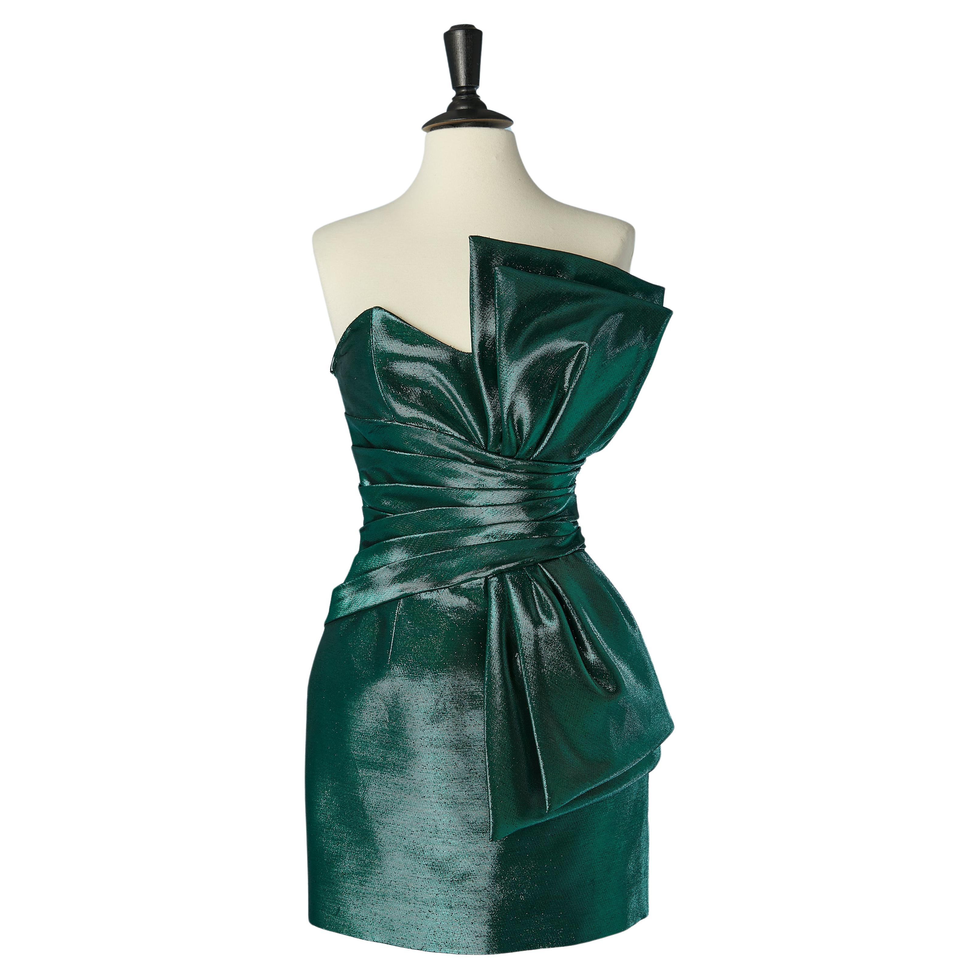 Bright green lamé mini bustier cocktail dress with bow Saint Laurent NEW