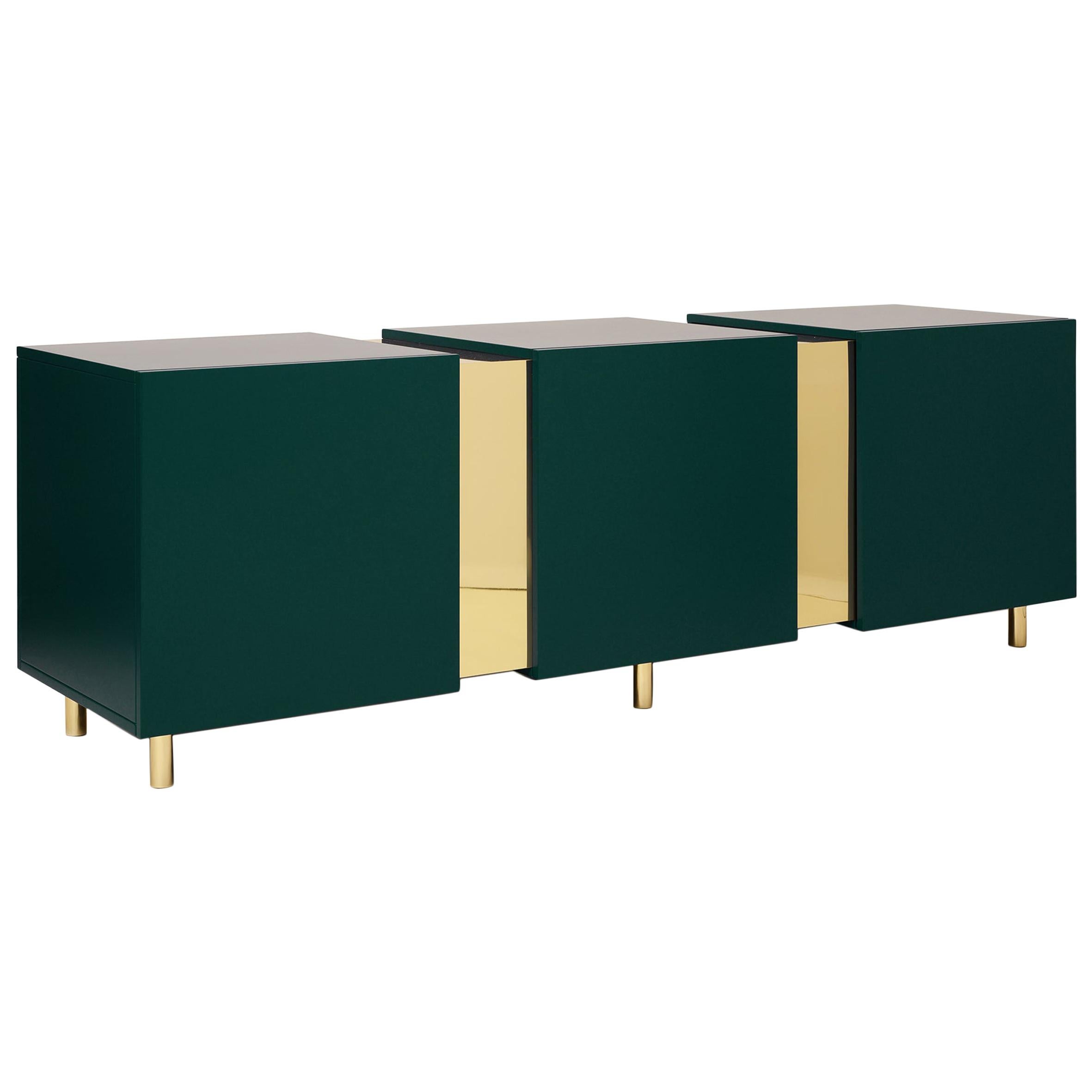 Malachite Green Sideboard in Brass and Colorful Lacquered Wood, Geometric-Shaped For Sale