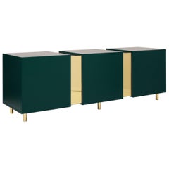 Malachite Green Sideboard in Brass and Colorful Lacquered Wood, Geometric-Shaped