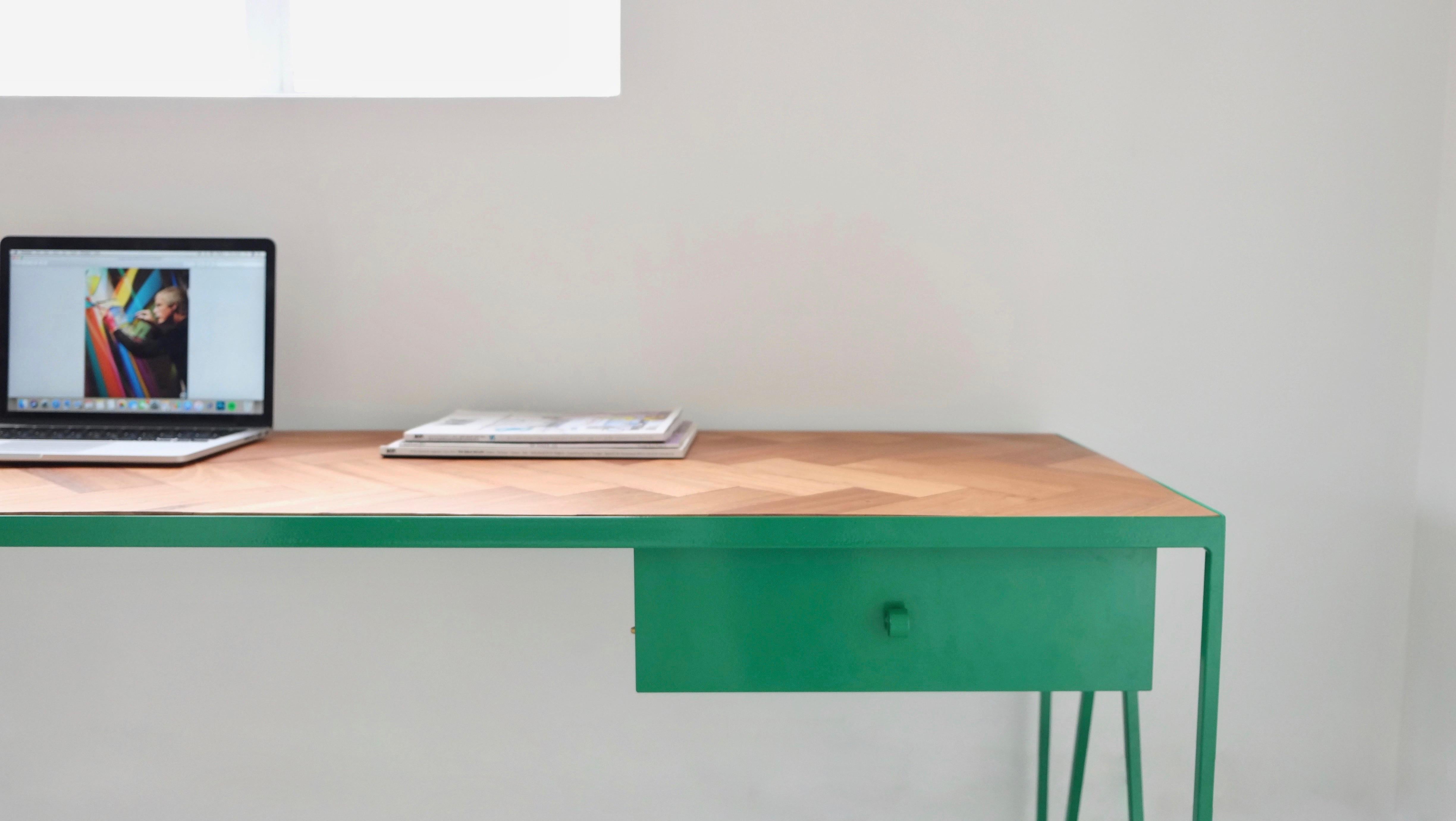 Steel Study Desk with Drawer and Reclaimed Parquet Wood Table Top - Customisable For Sale