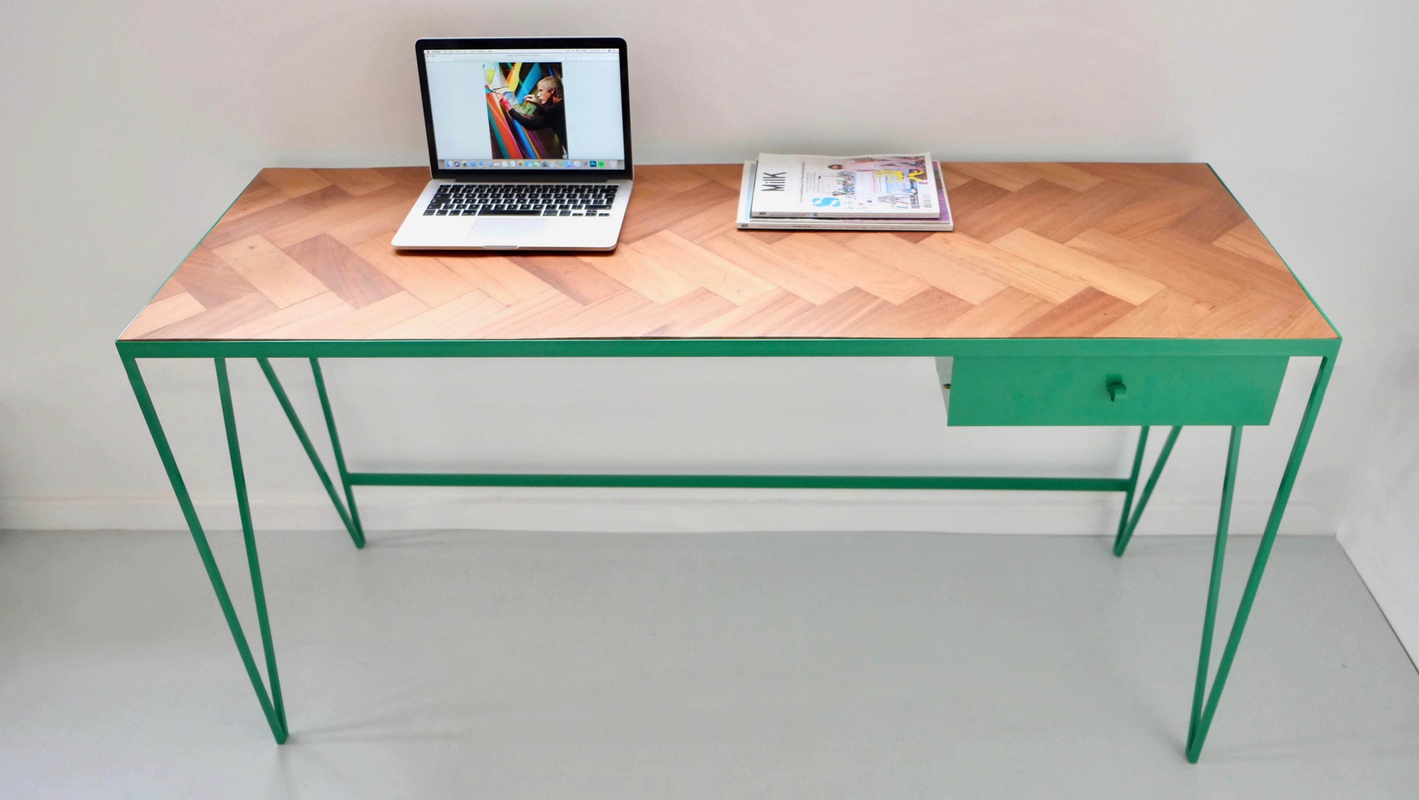 Study Desk with Drawer and Reclaimed Parquet Wood Table Top - Customisable For Sale 1