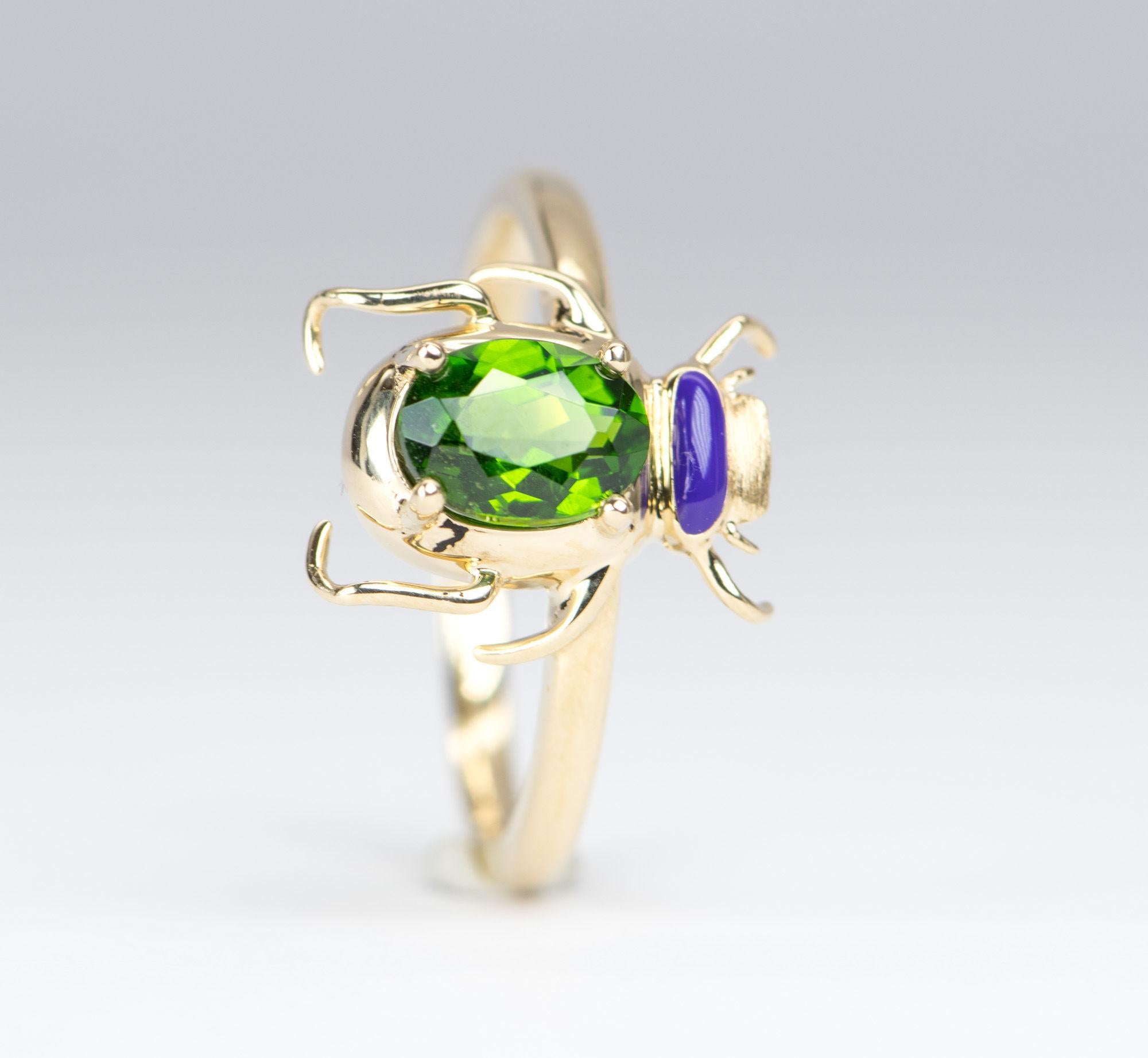 Bright Green Tourmaline 14K Yellow Gold Beetle Ring with Purple Enamel Head In New Condition In Osprey, FL