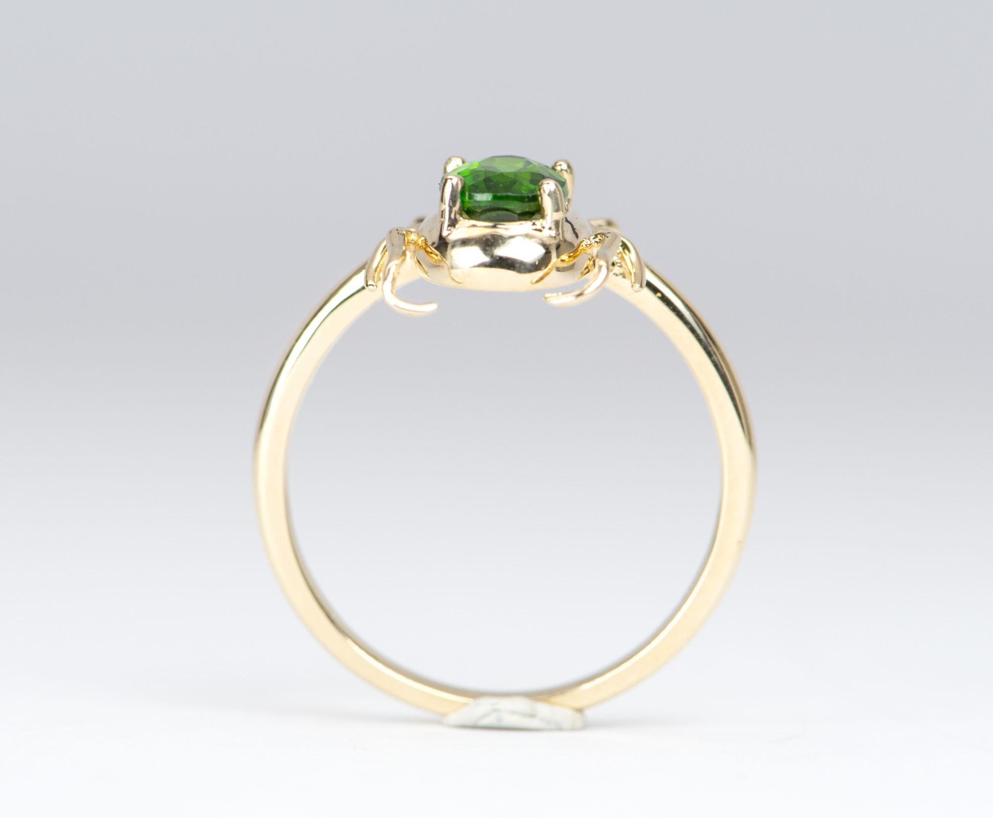 Women's or Men's Bright Green Tourmaline 14K Yellow Gold Beetle Ring with Purple Enamel Head